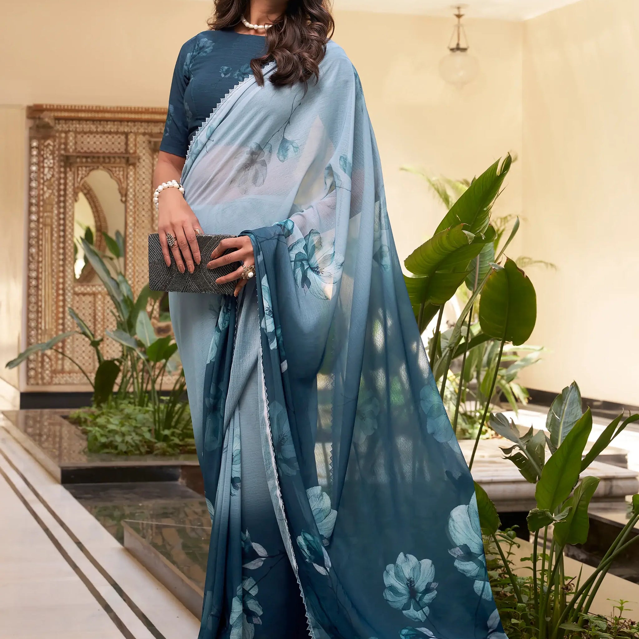 Astonishing Grey & Blue Floral Printed Chiffon Saree With Blouse - Zeel Clothing