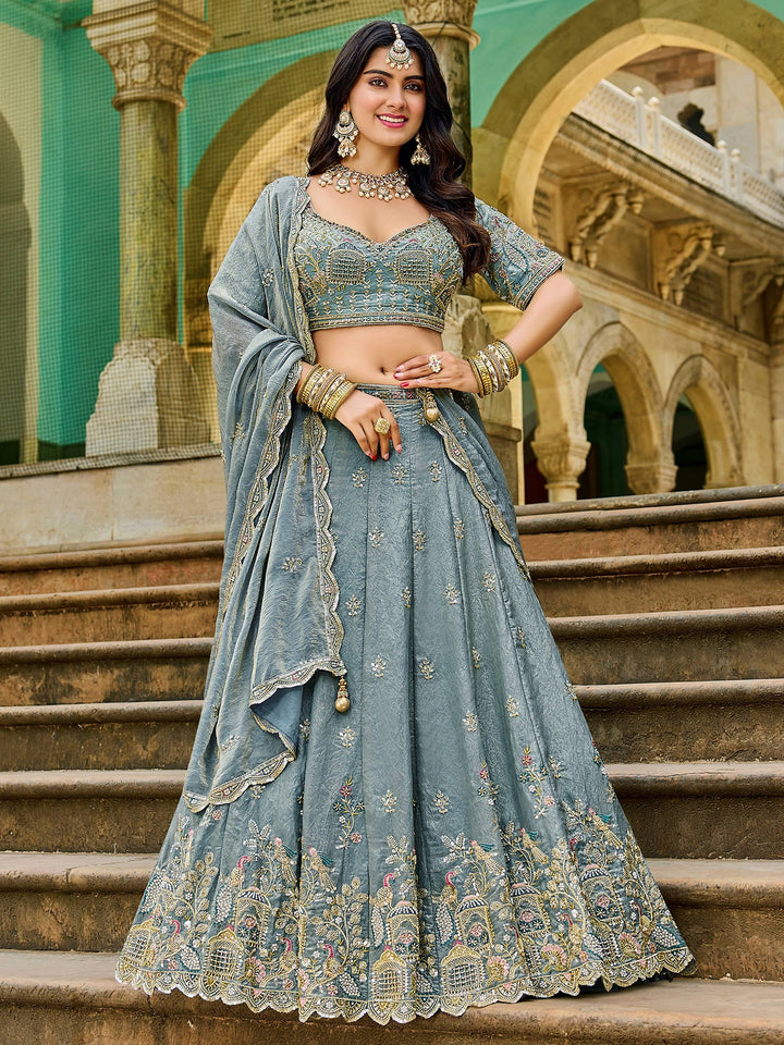 Astonishing Grey Bead Embroidery Crush Silk Event Wear Lehenga With Blouse