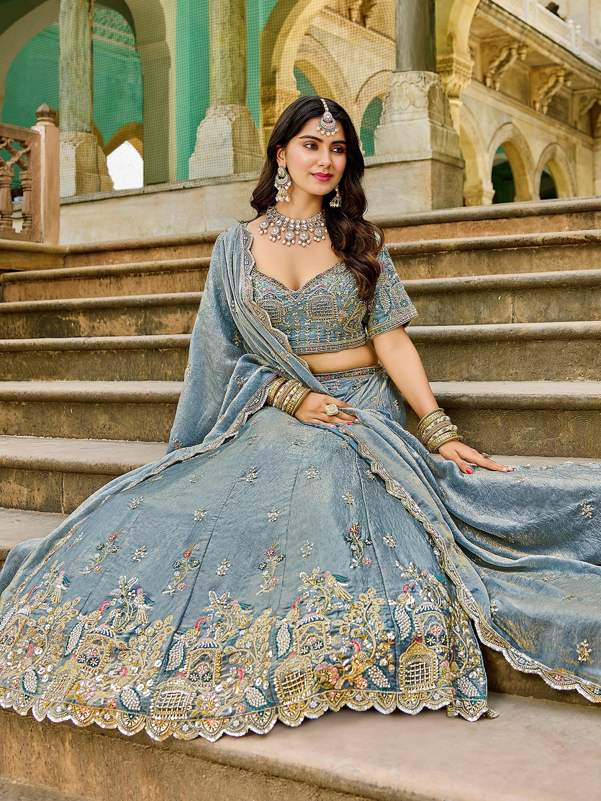 Astonishing Grey Bead Embroidery Crush Silk Event Wear Lehenga With Blouse