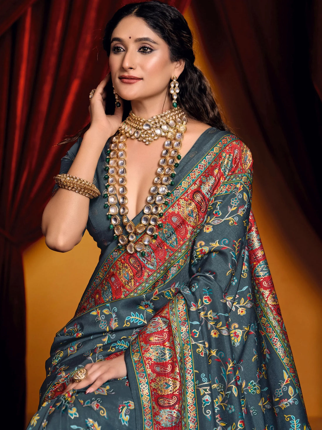 Astonishing Grey Digital Printed Tussar Silk Designer Saree With Blouse - Zeel Clothing