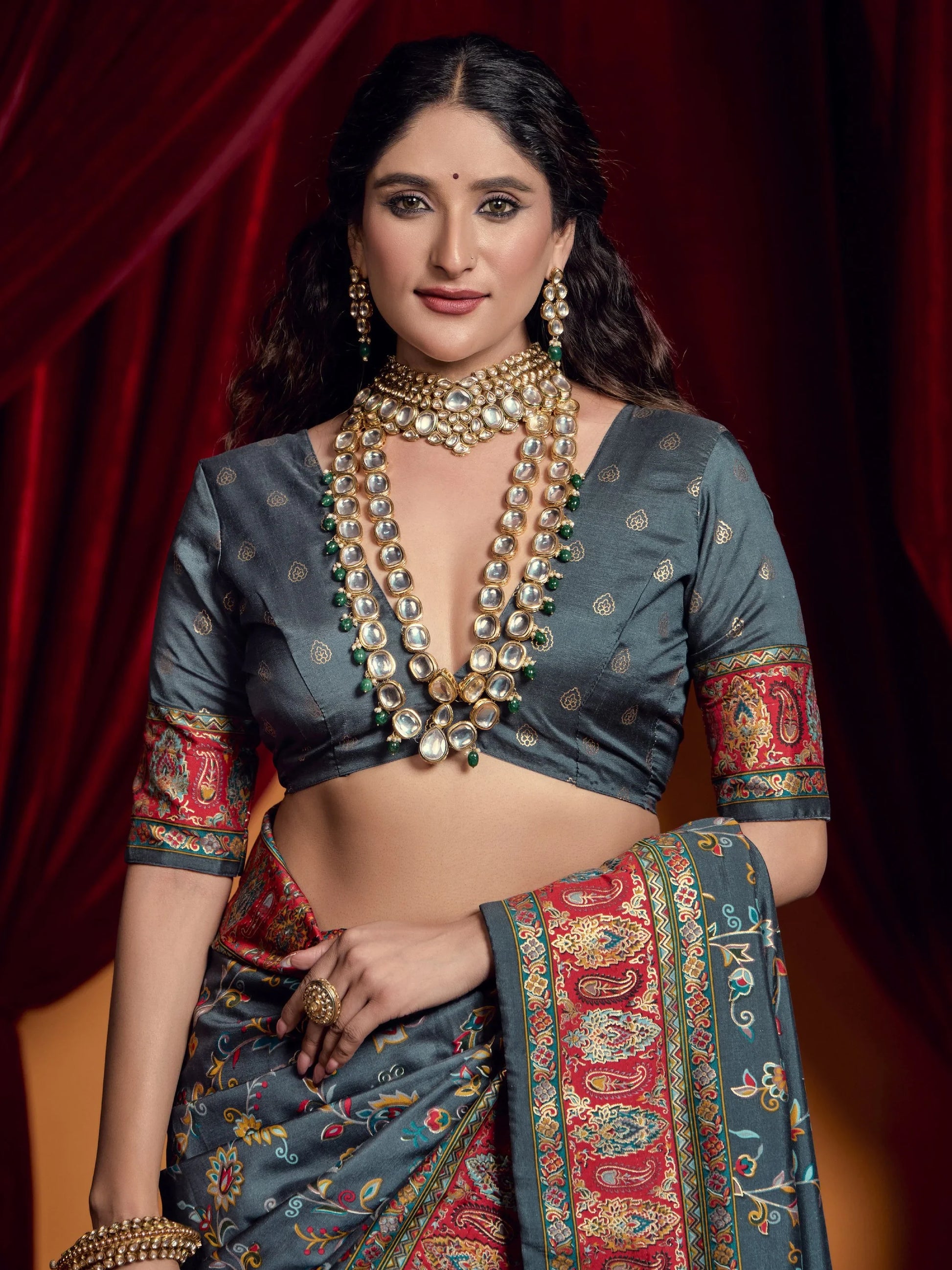 Astonishing Grey Digital Printed Tussar Silk Designer Saree With Blouse - Zeel Clothing