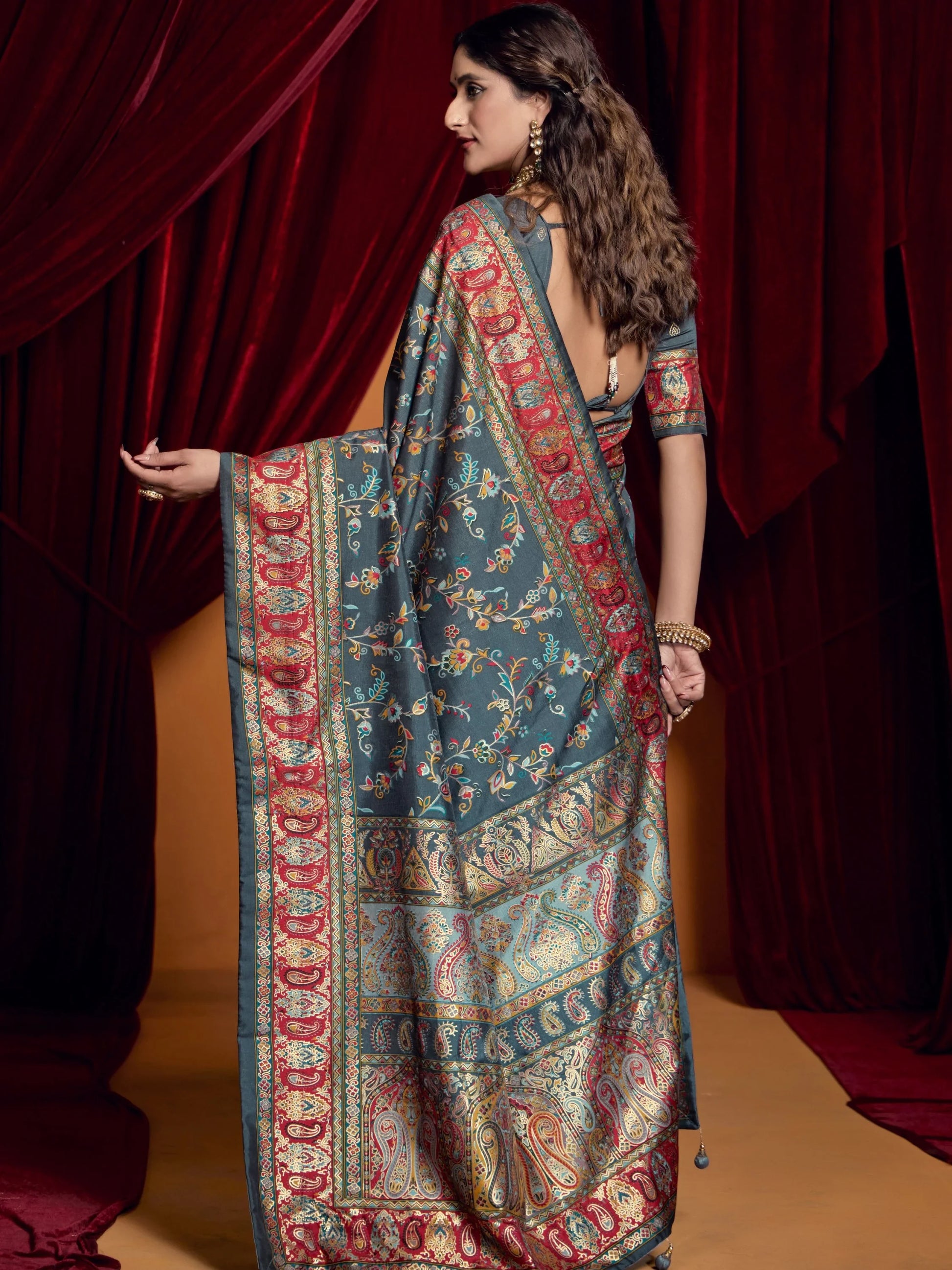 Astonishing Grey Digital Printed Tussar Silk Designer Saree With Blouse - Zeel Clothing