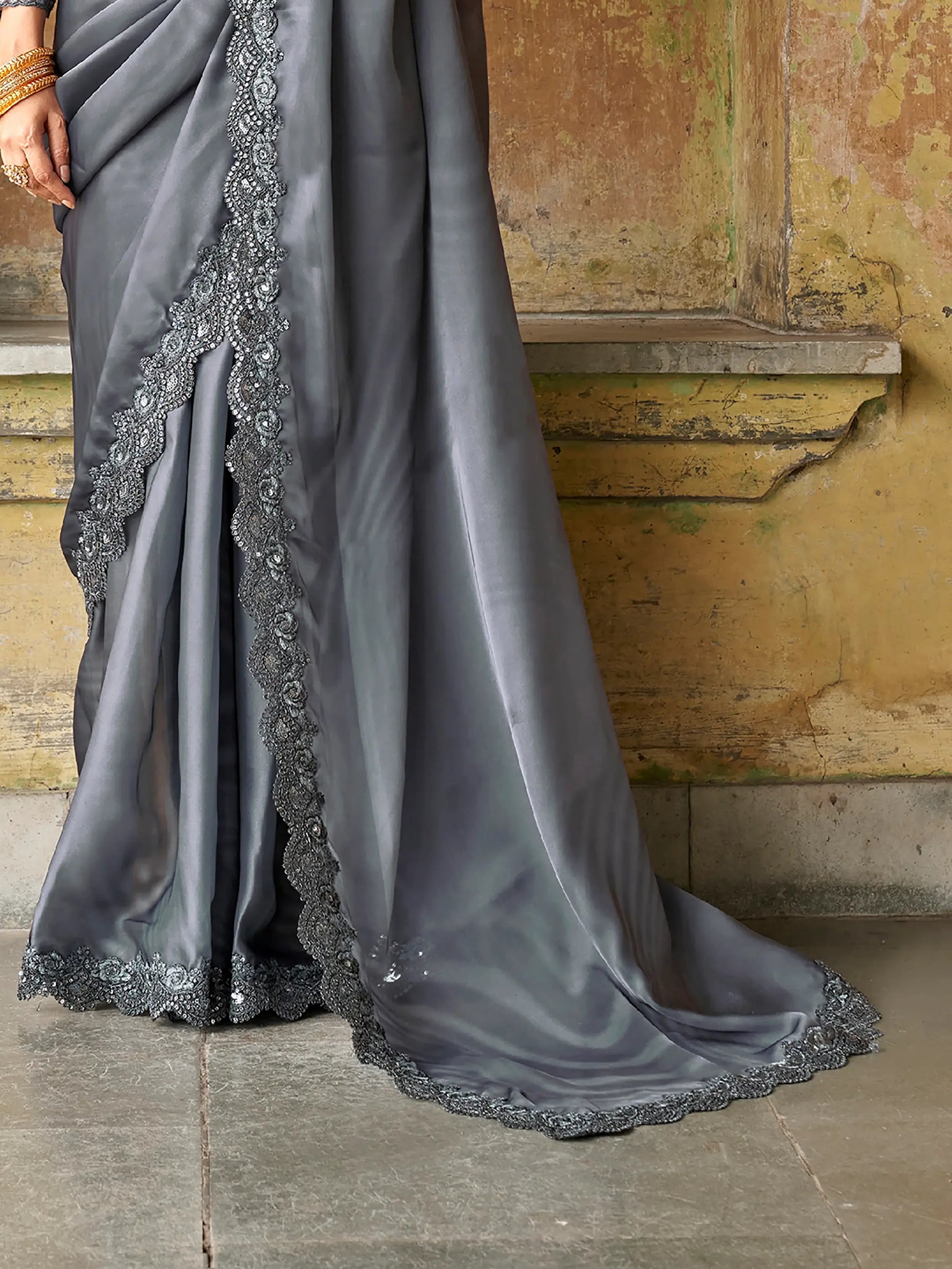 Astonishing Grey Embroidered Satin Party Wear Saree With Blouse - Zeel Clothing