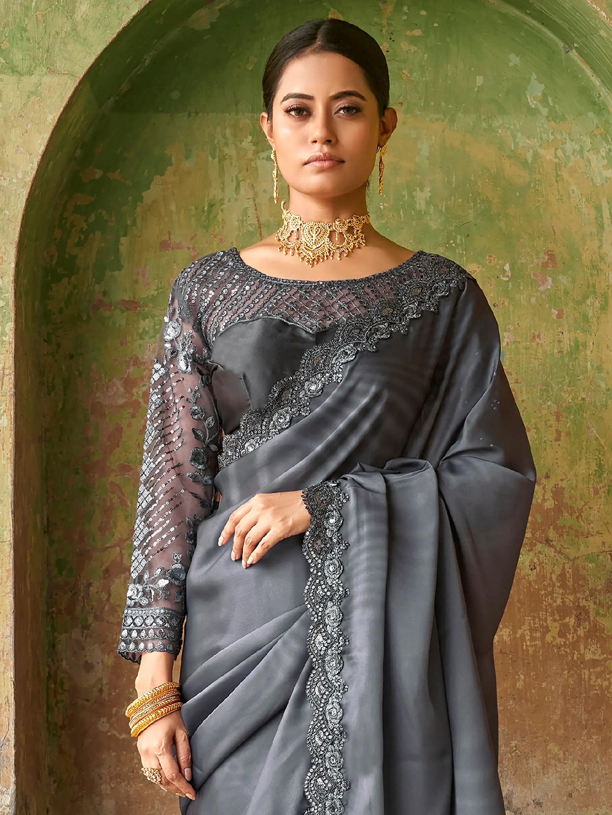 Astonishing Grey Embroidered Satin Party Wear Saree With Blouse - Zeel Clothing