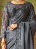 Astonishing Grey Embroidered Satin Party Wear Saree With Blouse - Zeel Clothing