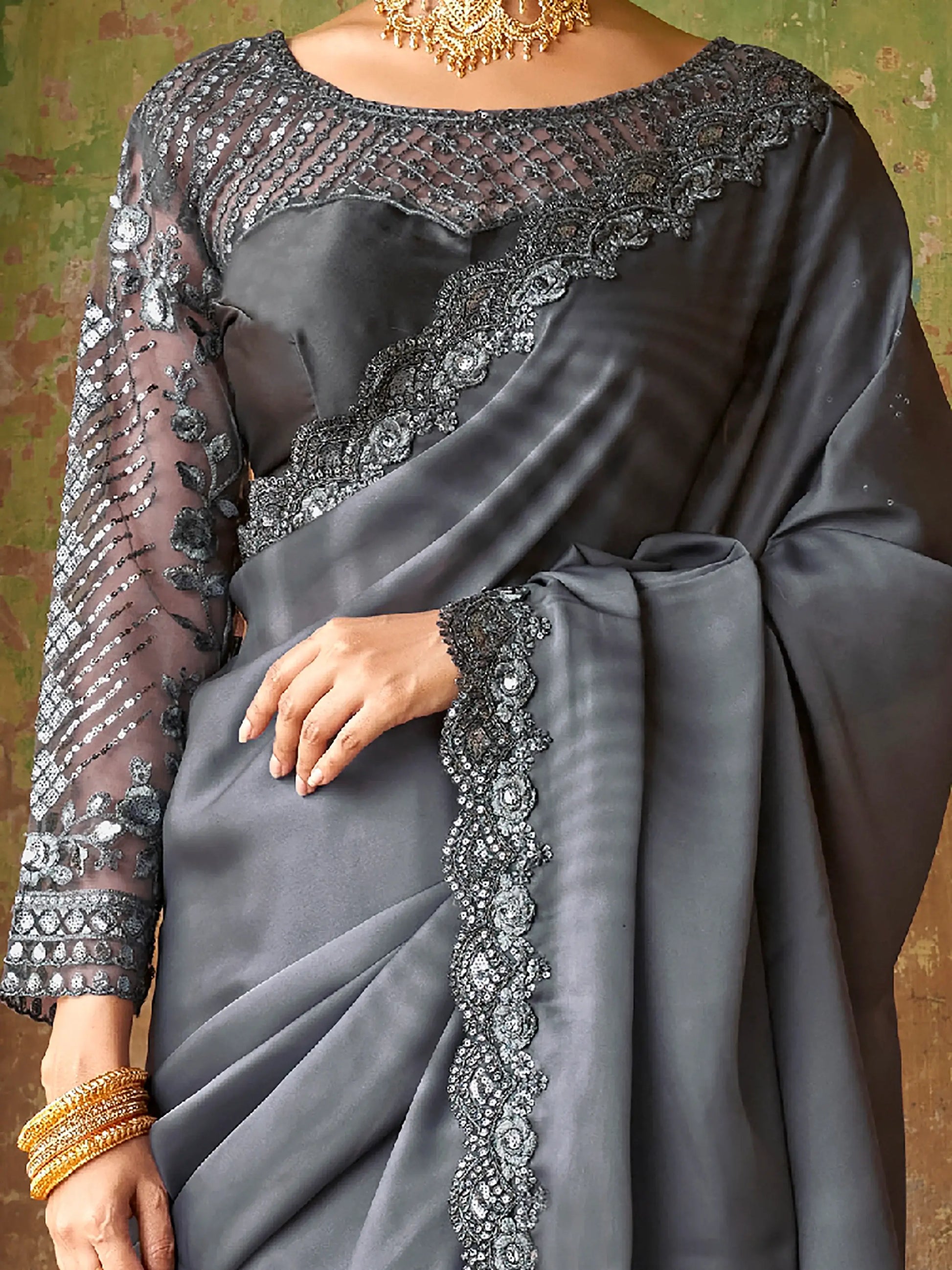 Astonishing Grey Embroidered Satin Party Wear Saree With Blouse - Zeel Clothing