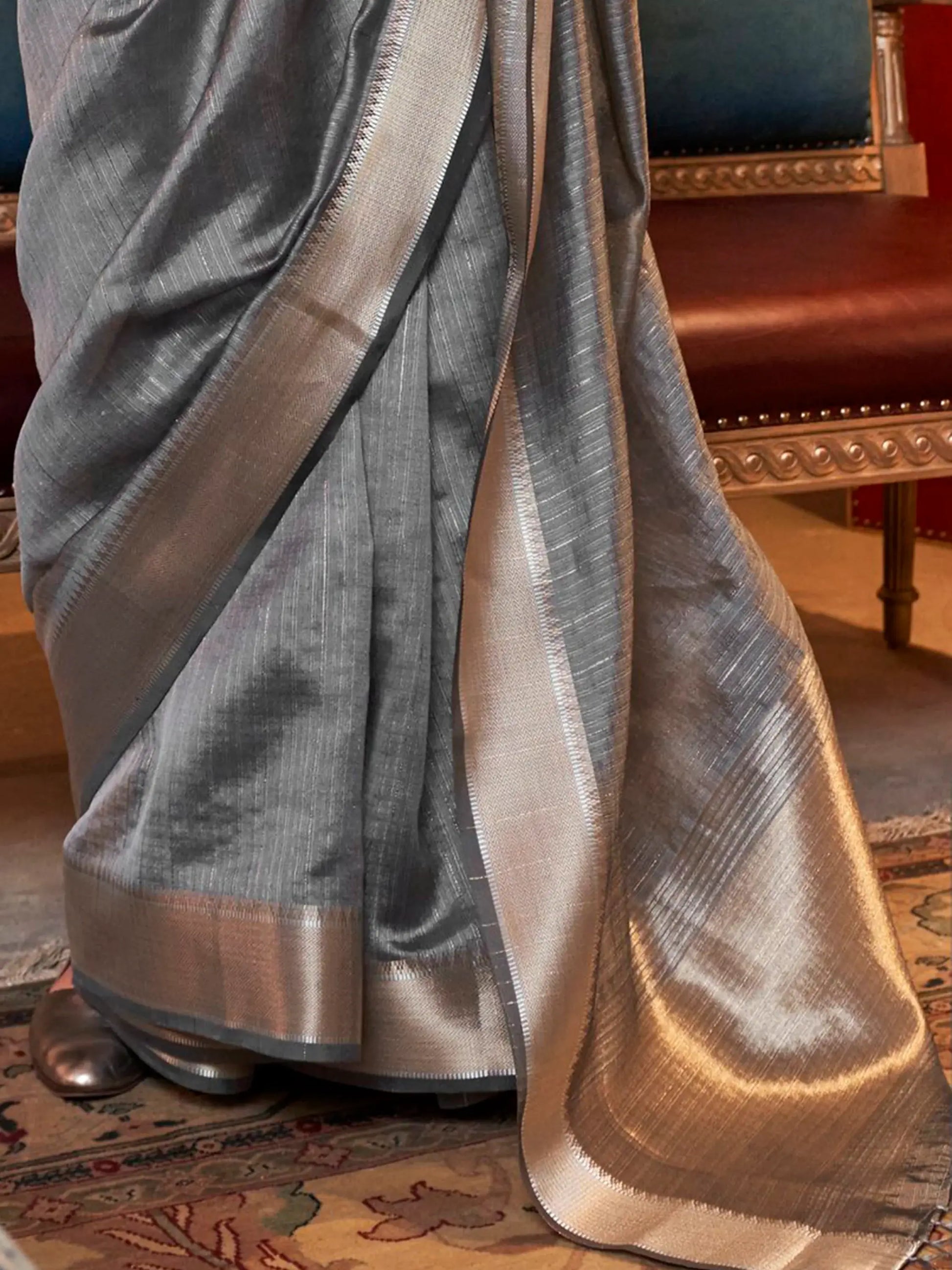 Astonishing Grey Weaving Chiffon Traditional Saree With Blouse - Zeel Clothing