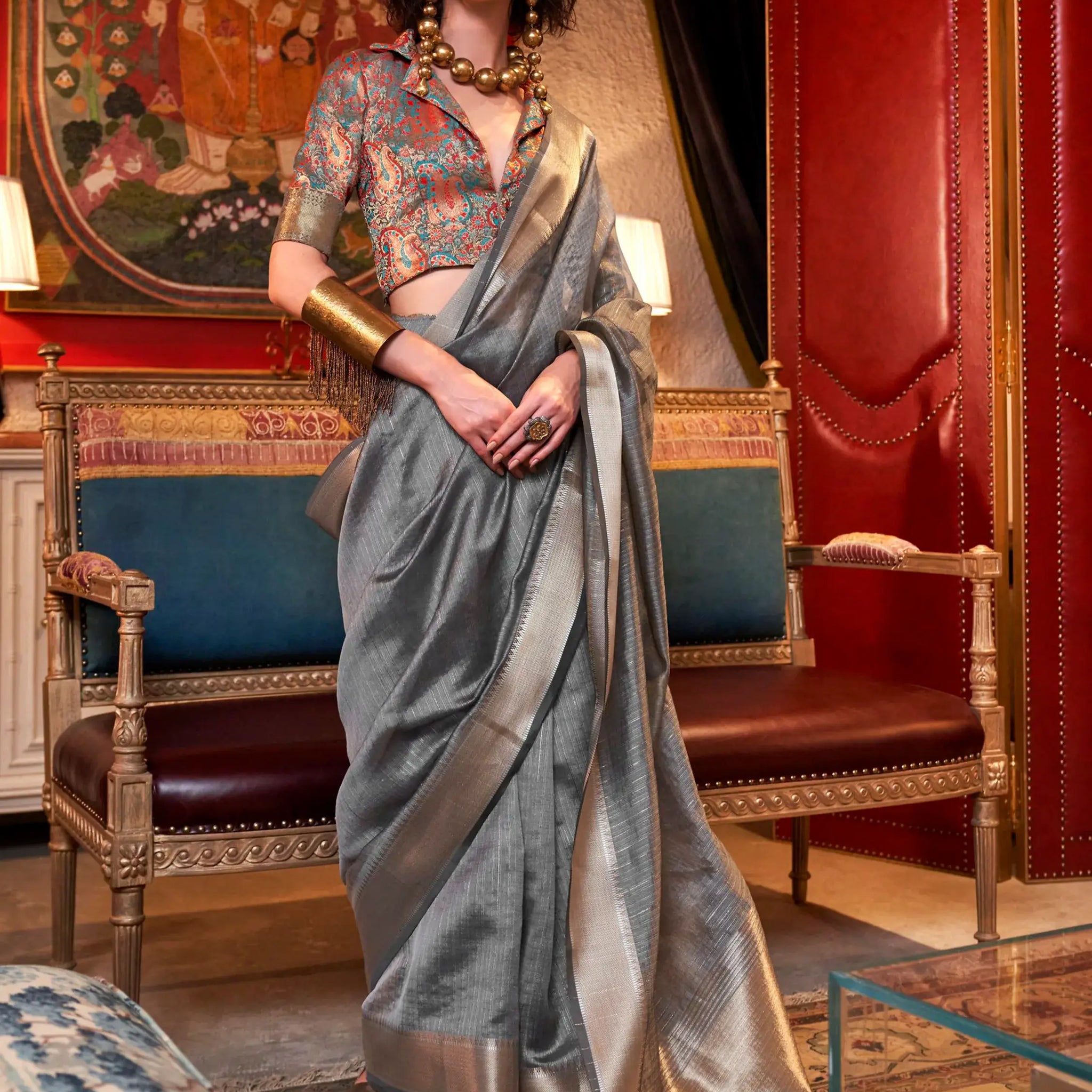 Astonishing Grey Weaving Chiffon Traditional Saree With Blouse - Zeel Clothing