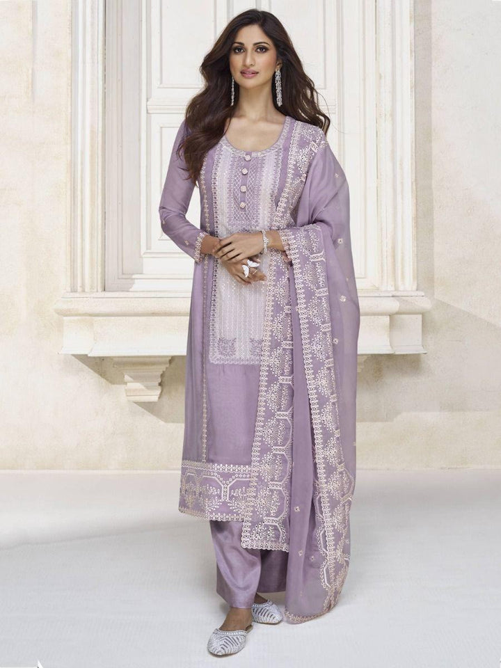 Astonishing Lavender Embroidered Organza Festival Wear Pant Suit