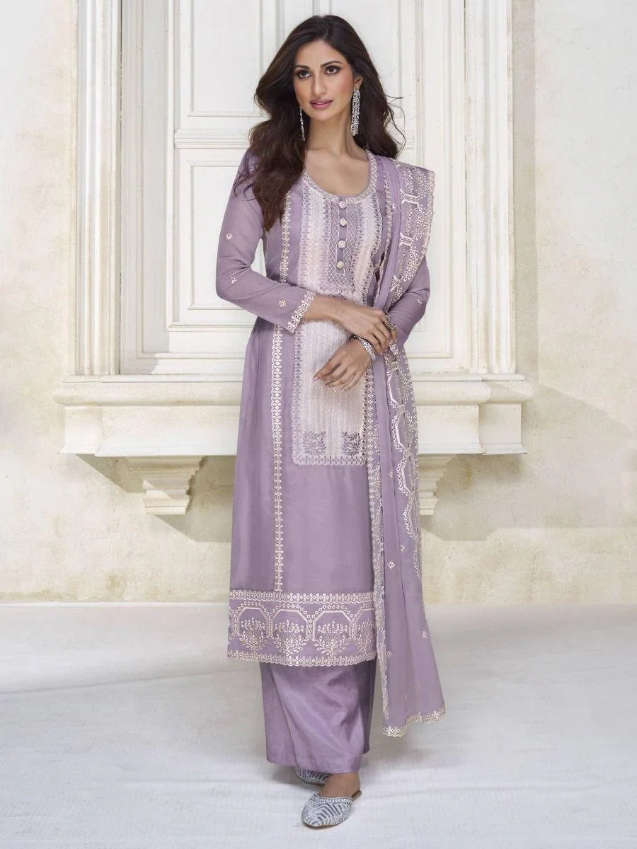 Astonishing Lavender Embroidered Organza Festival Wear Pant Suit