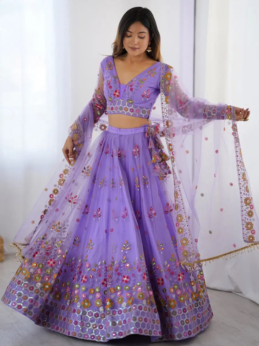 Astonishing Lavender Floral Embroidered Net Event Wear Lehenga Choli - Zeel Clothing