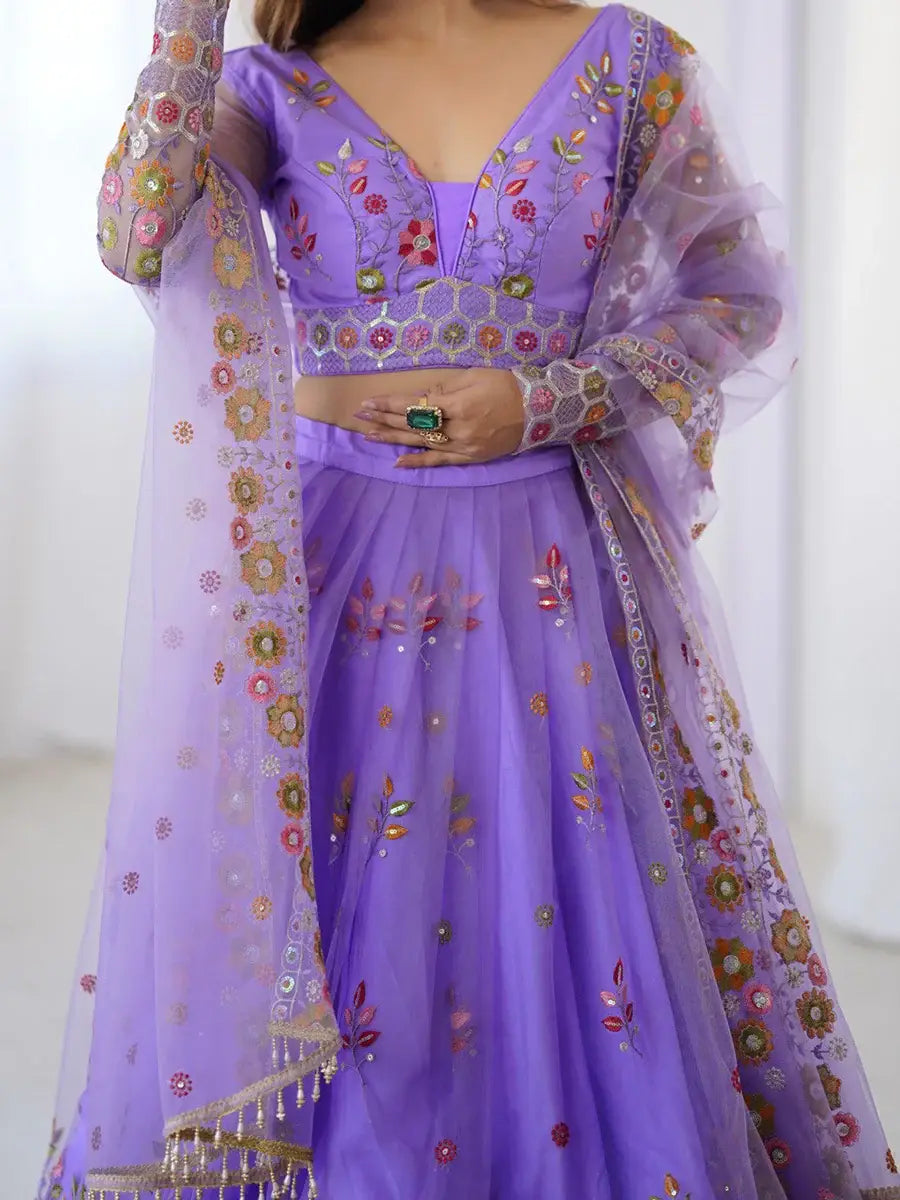Astonishing Lavender Floral Embroidered Net Event Wear Lehenga Choli - Zeel Clothing