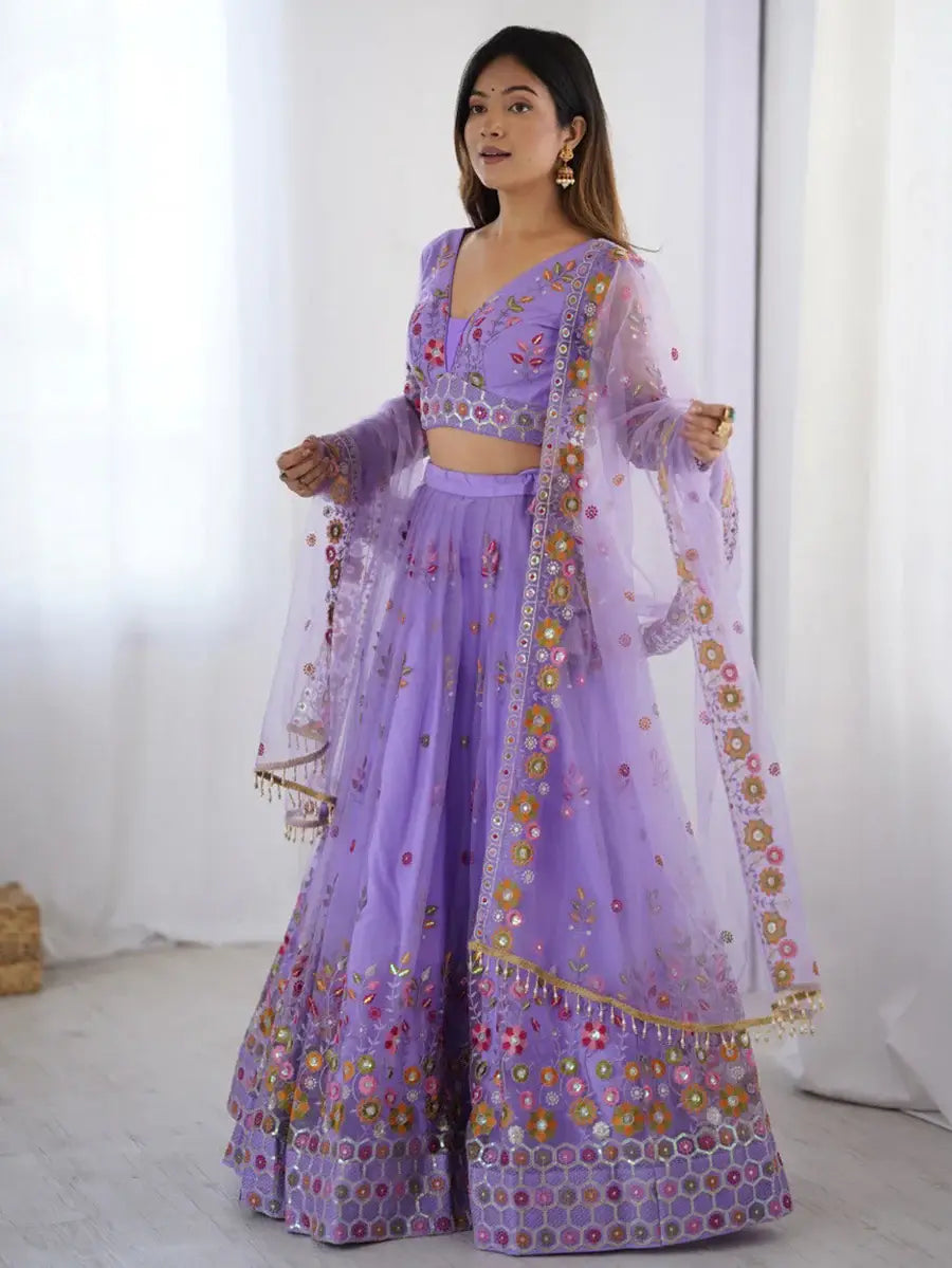 Astonishing Lavender Floral Embroidered Net Event Wear Lehenga Choli - Zeel Clothing