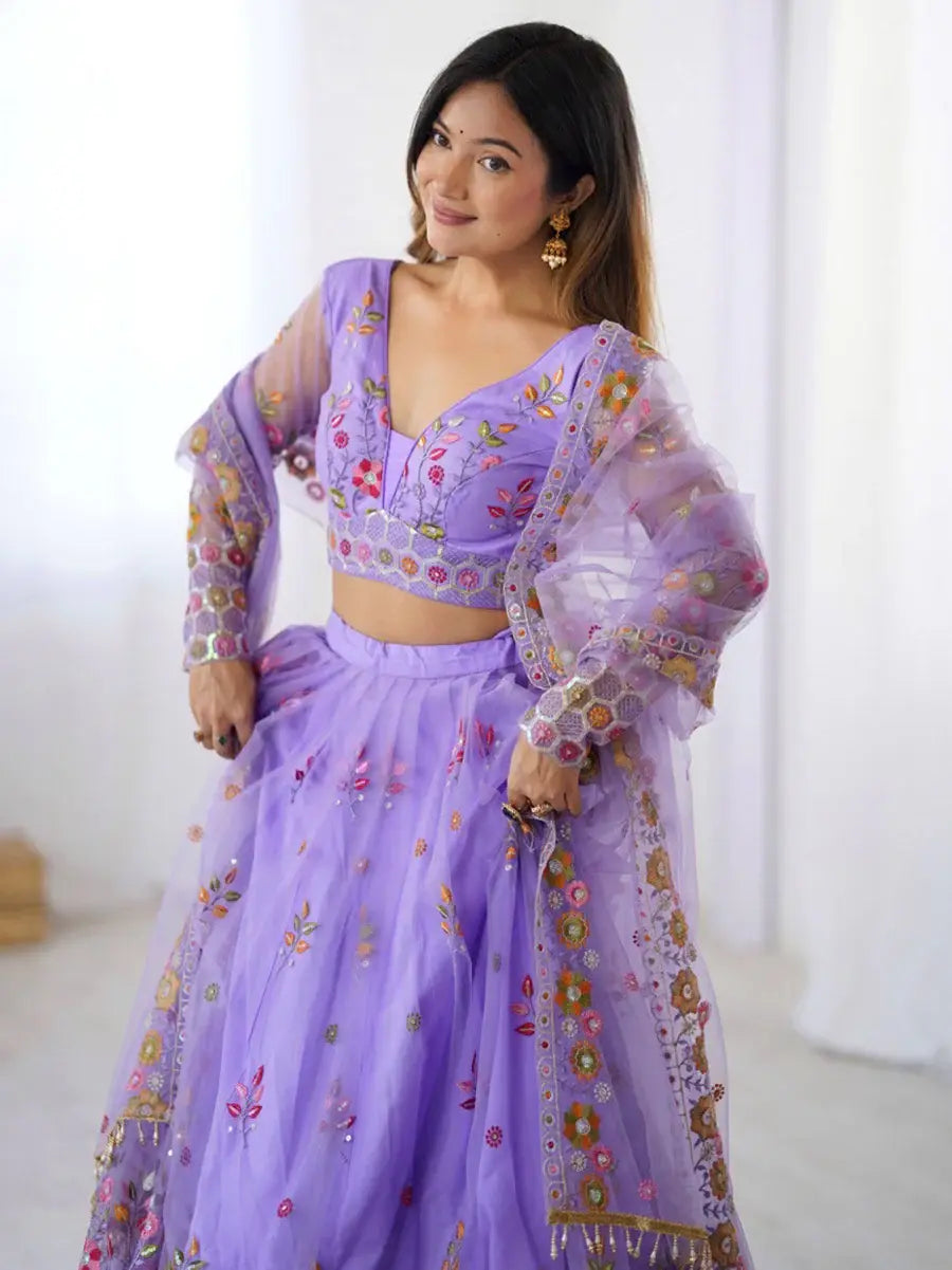 Astonishing Lavender Floral Embroidered Net Event Wear Lehenga Choli - Zeel Clothing