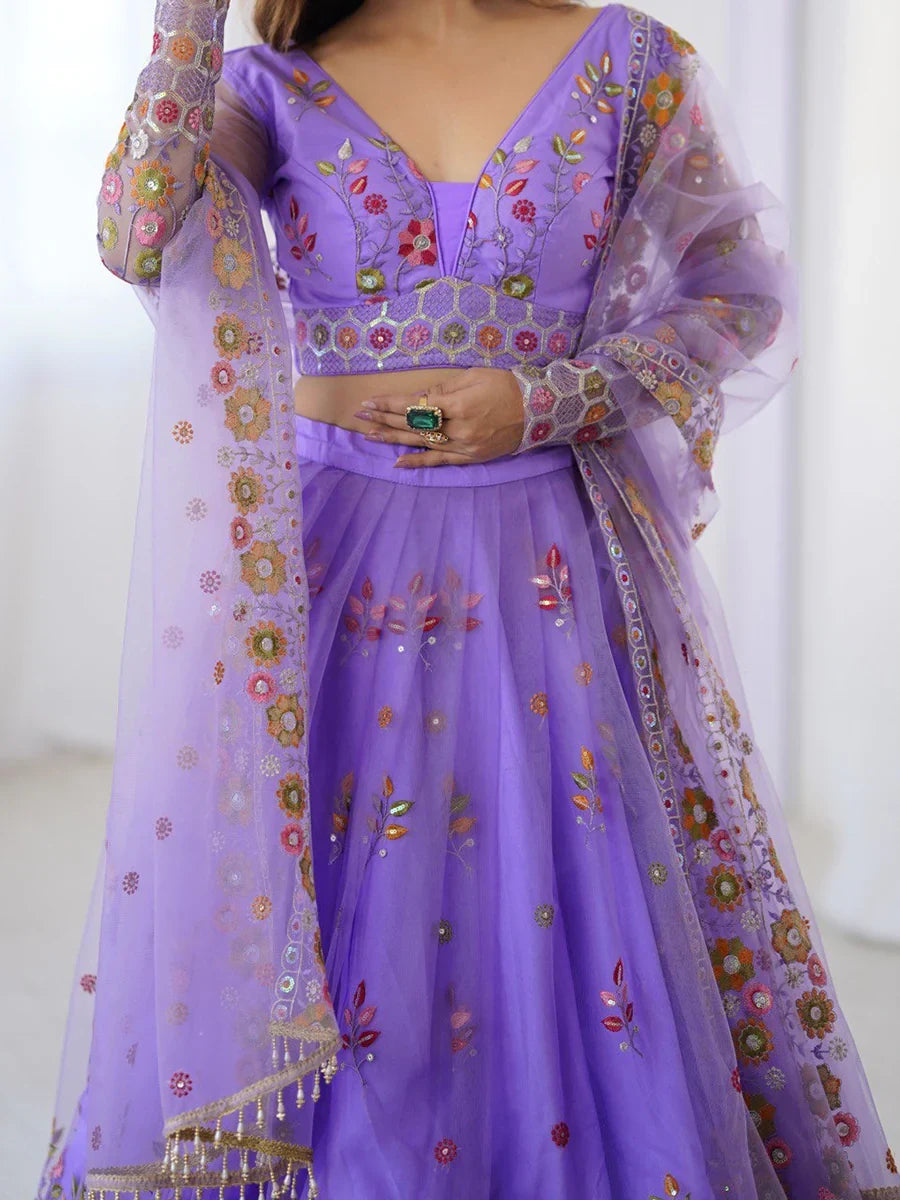 Astonishing Lavender Floral Embroidered Net Event Wear Lehenga Choli - Zeel Clothing