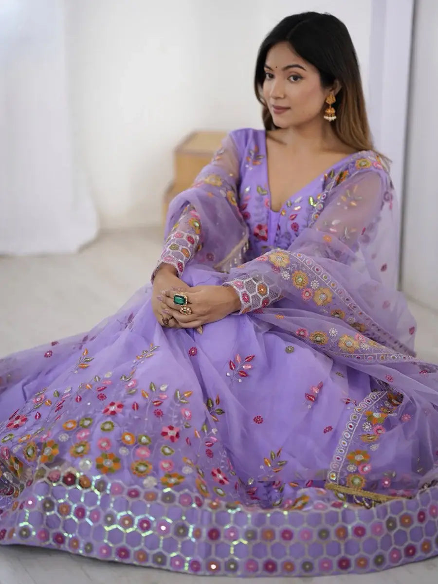 Astonishing Lavender Floral Embroidered Net Event Wear Lehenga Choli - Zeel Clothing