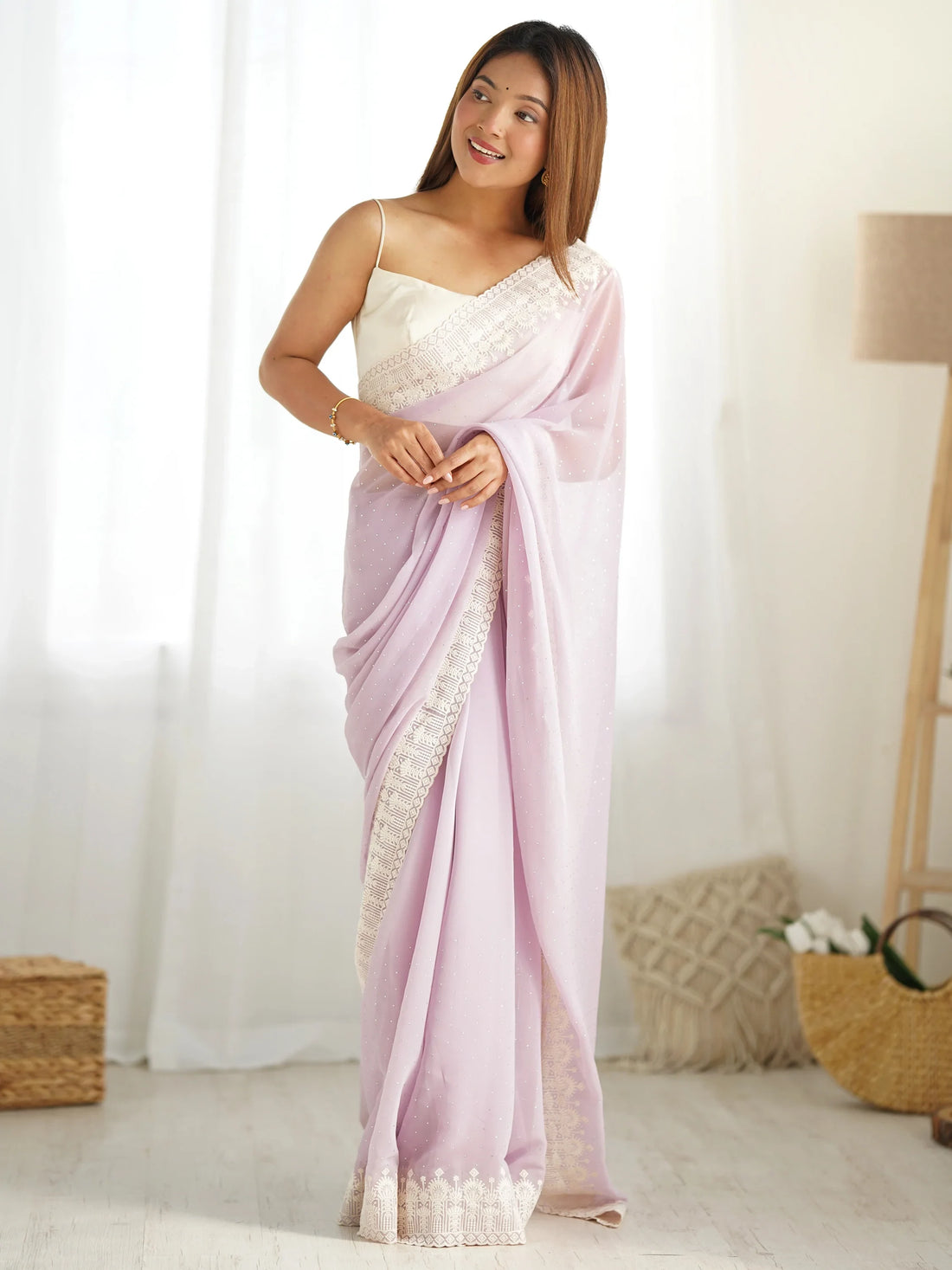 Astonishing Lavender Lace Work Georgette Festival Wear Saree - Zeel Clothing