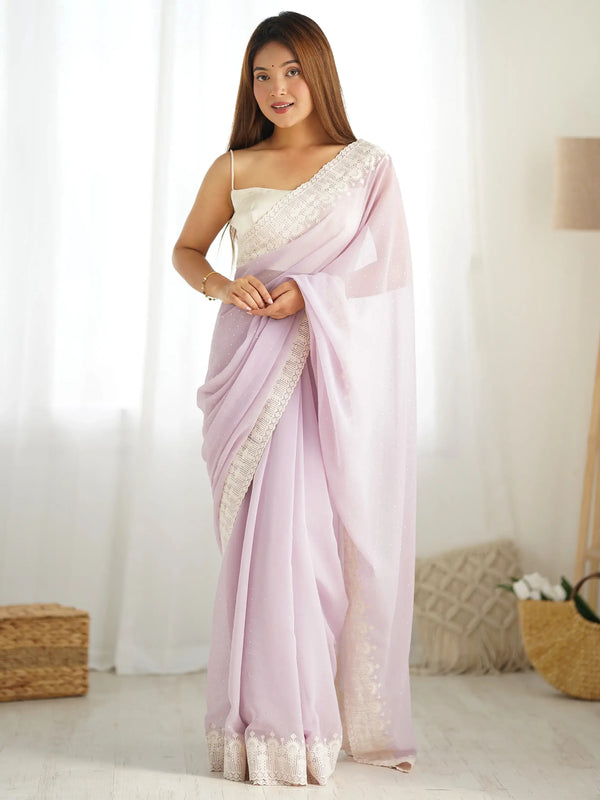 Astonishing Lavender Lace Work Georgette Festival Wear Saree - Zeel Clothing