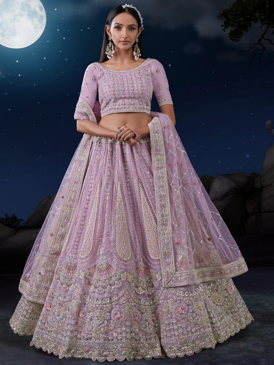 Astonishing Lavender Sequins Georgette Lehenga Choli With Dupatta
