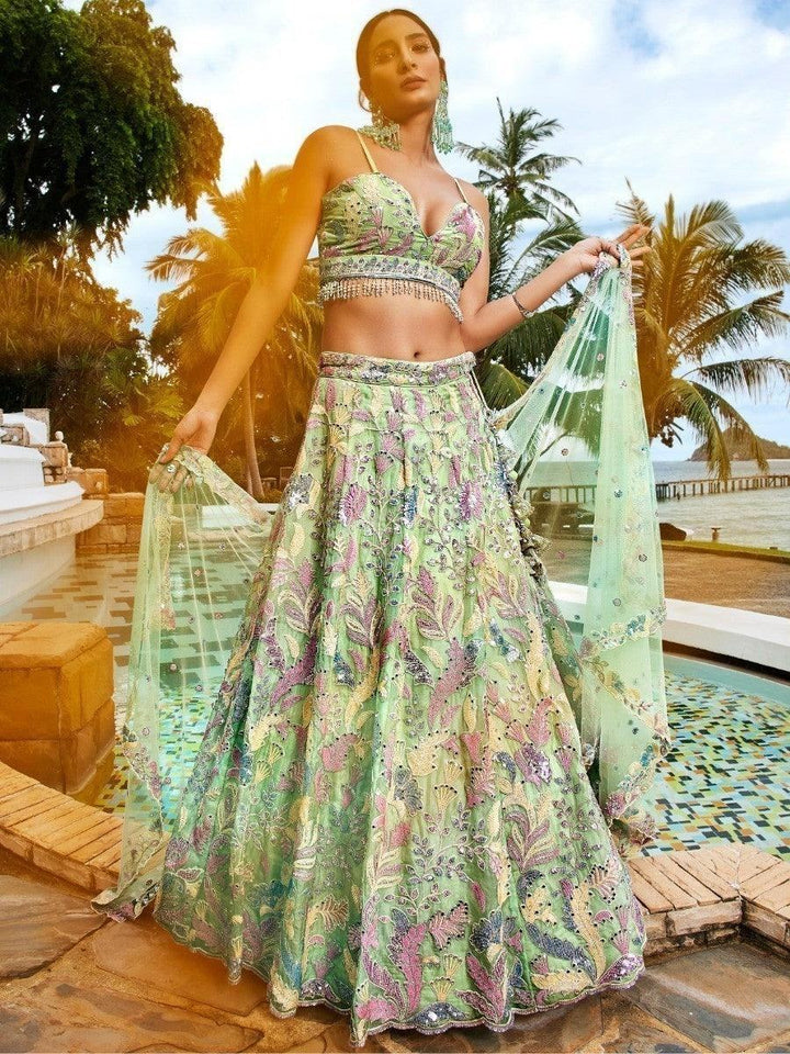 Astonishing Lime Green Sequins Organza Lehenga Choli With Dupatta