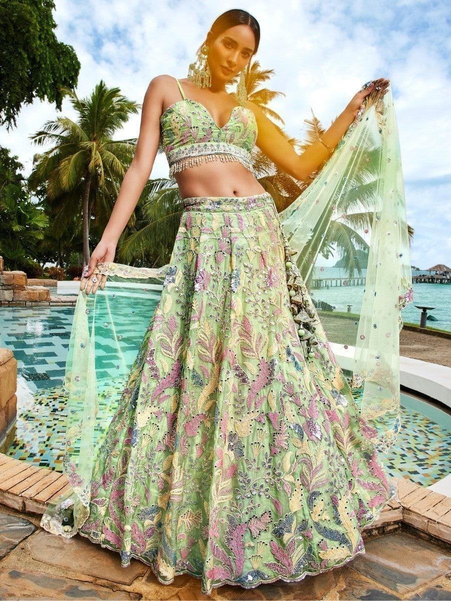 Astonishing Lime Green Sequins Organza Lehenga Choli With Dupatta