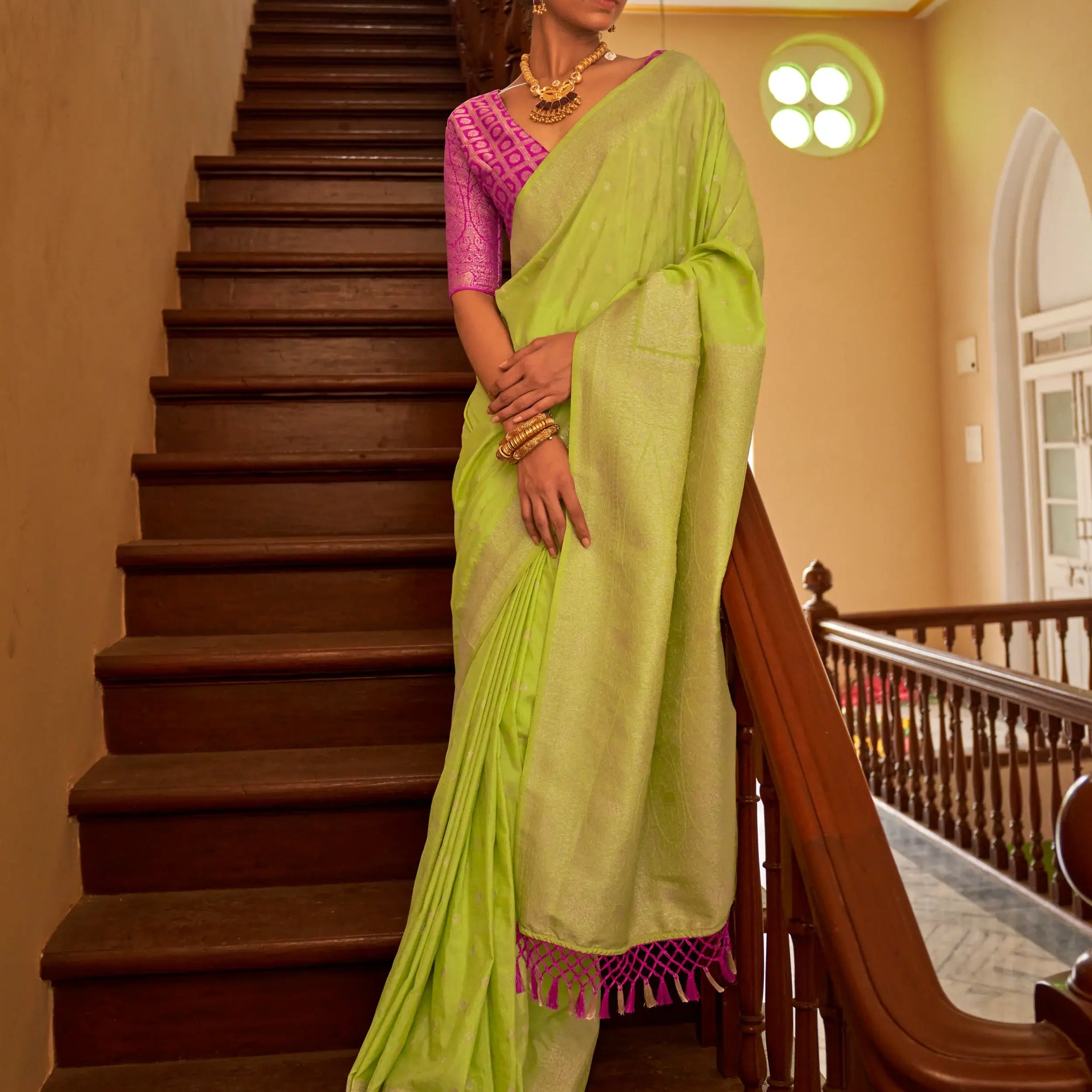 Astonishing Lime Green Weaving Silk Traditional Saree With Blouse - Zeel Clothing