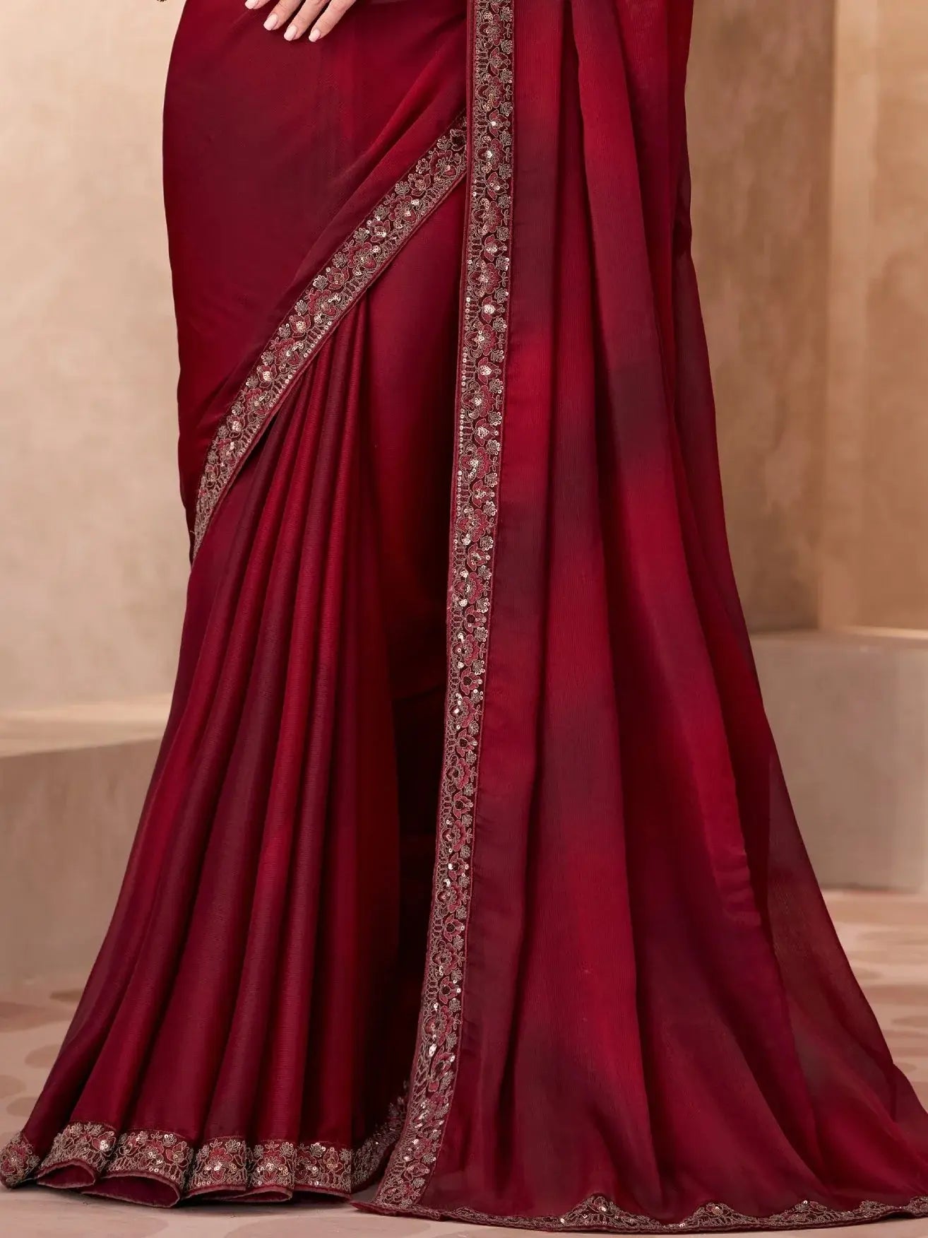 Astonishing Maroon Border Work Chiffon Wedding Wear Saree With Blouse - Zeel Clothing