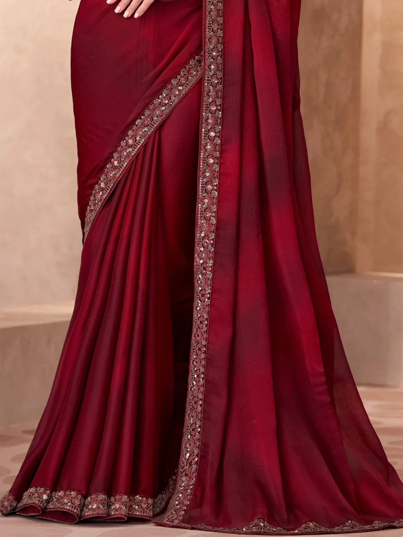 Astonishing Maroon Border Work Chiffon Wedding Wear Saree With Blouse - Zeel Clothing