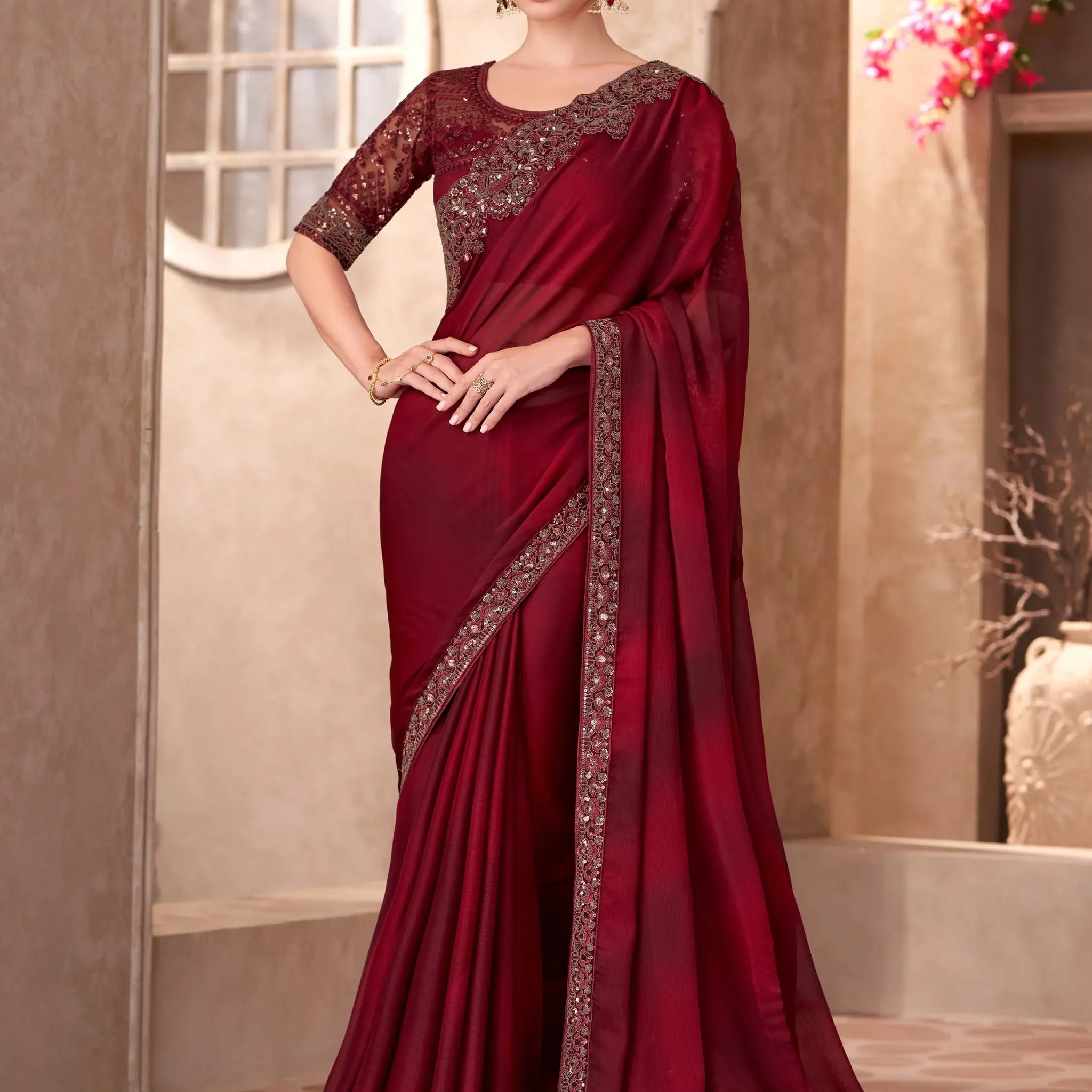 Astonishing Maroon Border Work Chiffon Wedding Wear Saree With Blouse - Zeel Clothing