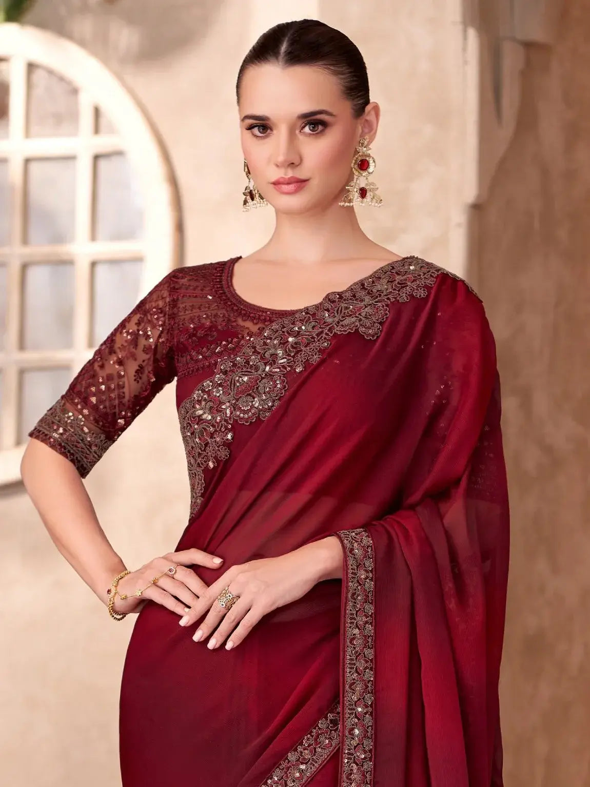 Astonishing Maroon Border Work Chiffon Wedding Wear Saree With Blouse - Zeel Clothing