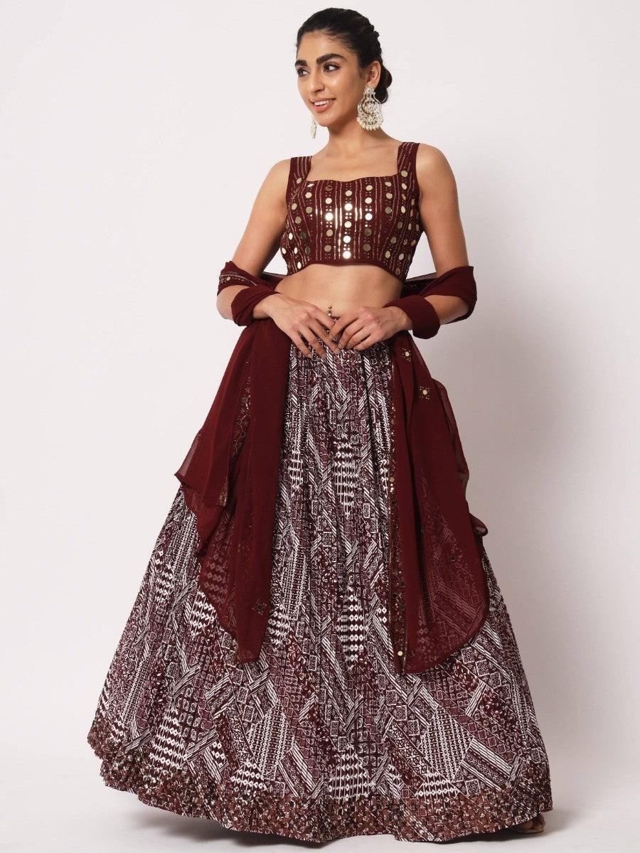 Burgundy lehenga with mirror work top and geometric print skirt, stylish Indian ethnic wear for women