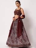 Maroon embroidered lehenga set with geometric print skirt and matching dupatta for women's fashion