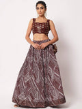 Maroon printed lehenga with mirror work crop top, ethnic wear for women