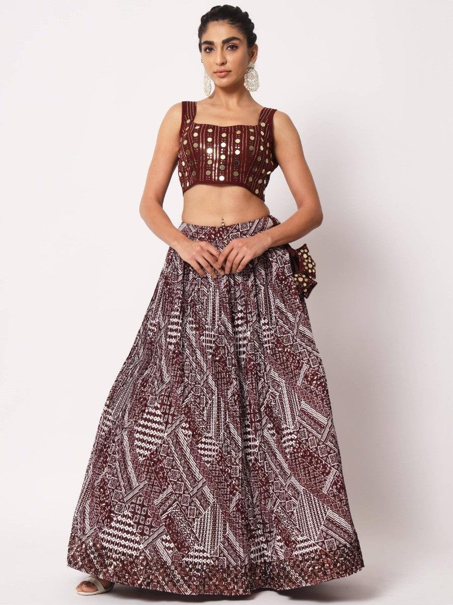 Maroon printed lehenga with mirror work crop top, ethnic wear for women