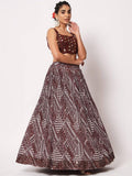 Maroon printed lehenga with embellished crop top, stylish ethnic wear for women