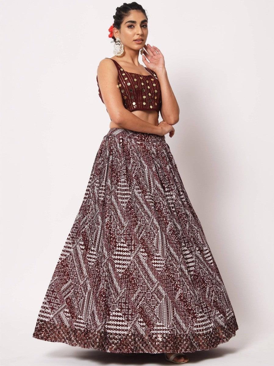 Maroon printed lehenga with embellished crop top, stylish ethnic wear for women
