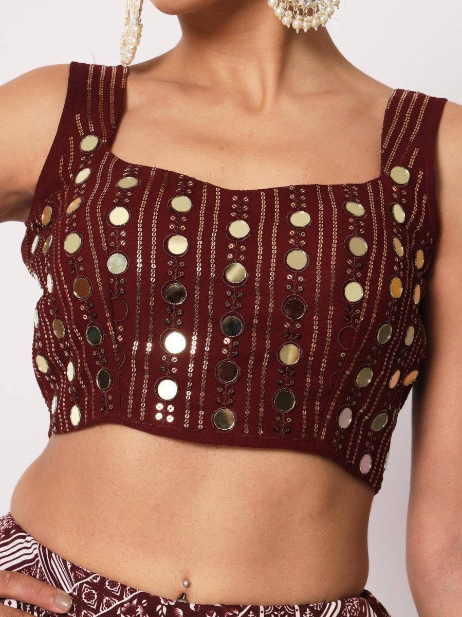 Maroon mirror-work crop top with gold embroidery, stylish women's fashion