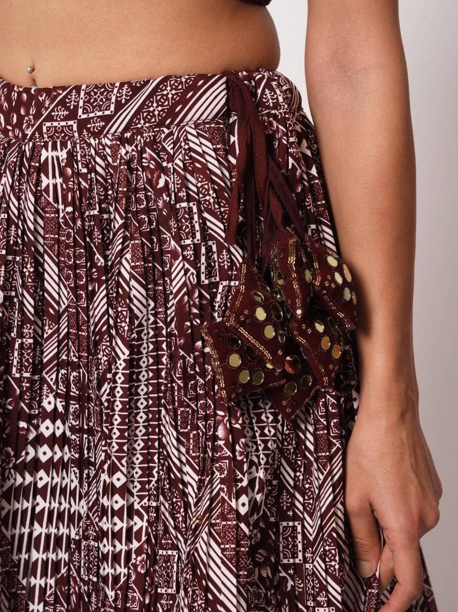 Boho pleated skirt with geometric print and gold coin embellishments, stylish women's fashion