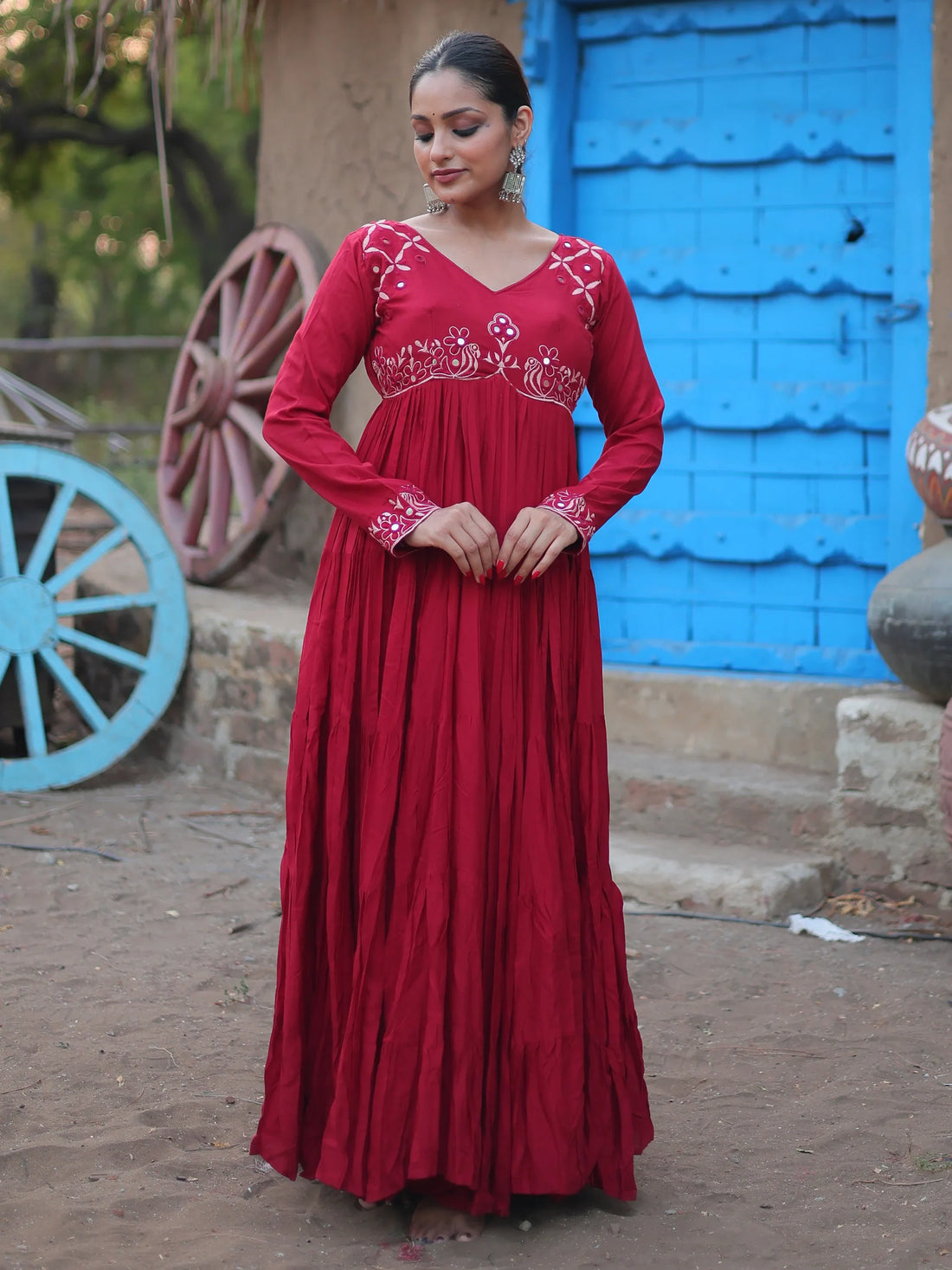 Astonishing Maroon Embroidered Rayon Navratri Wear Gown - Zeel Clothing