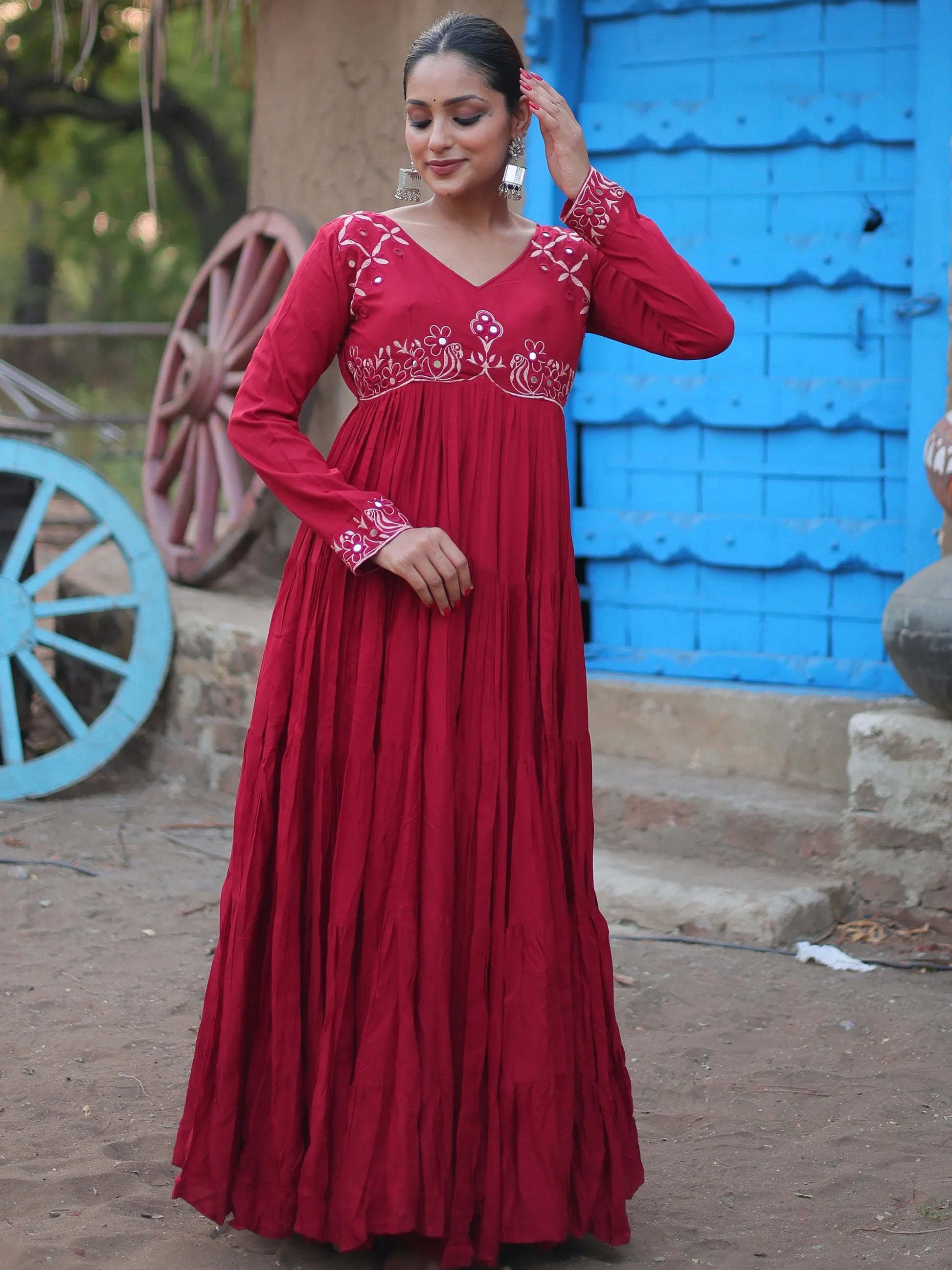 Astonishing Maroon Embroidered Rayon Navratri Wear Gown - Zeel Clothing