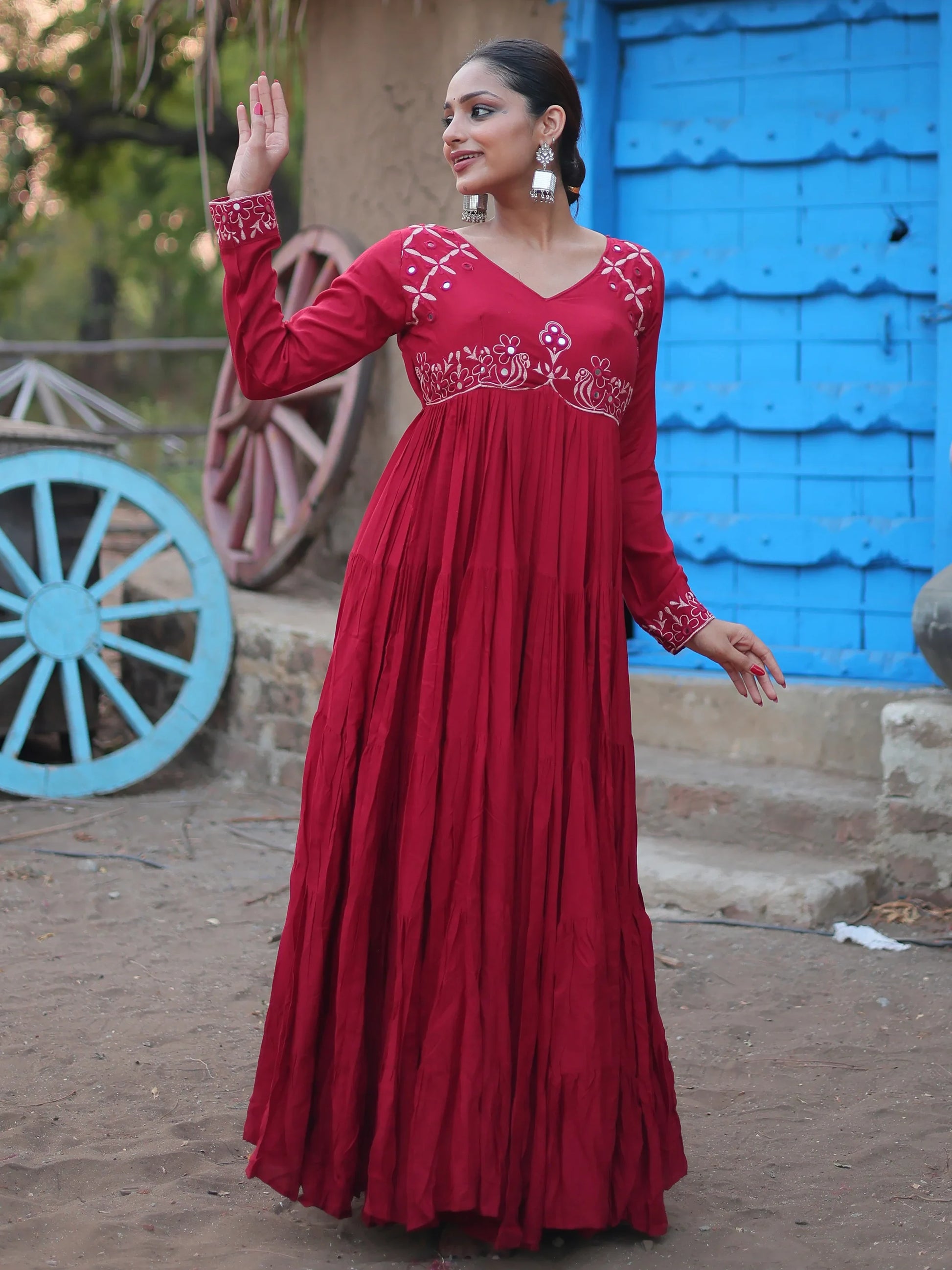 Astonishing Maroon Embroidered Rayon Navratri Wear Gown - Zeel Clothing