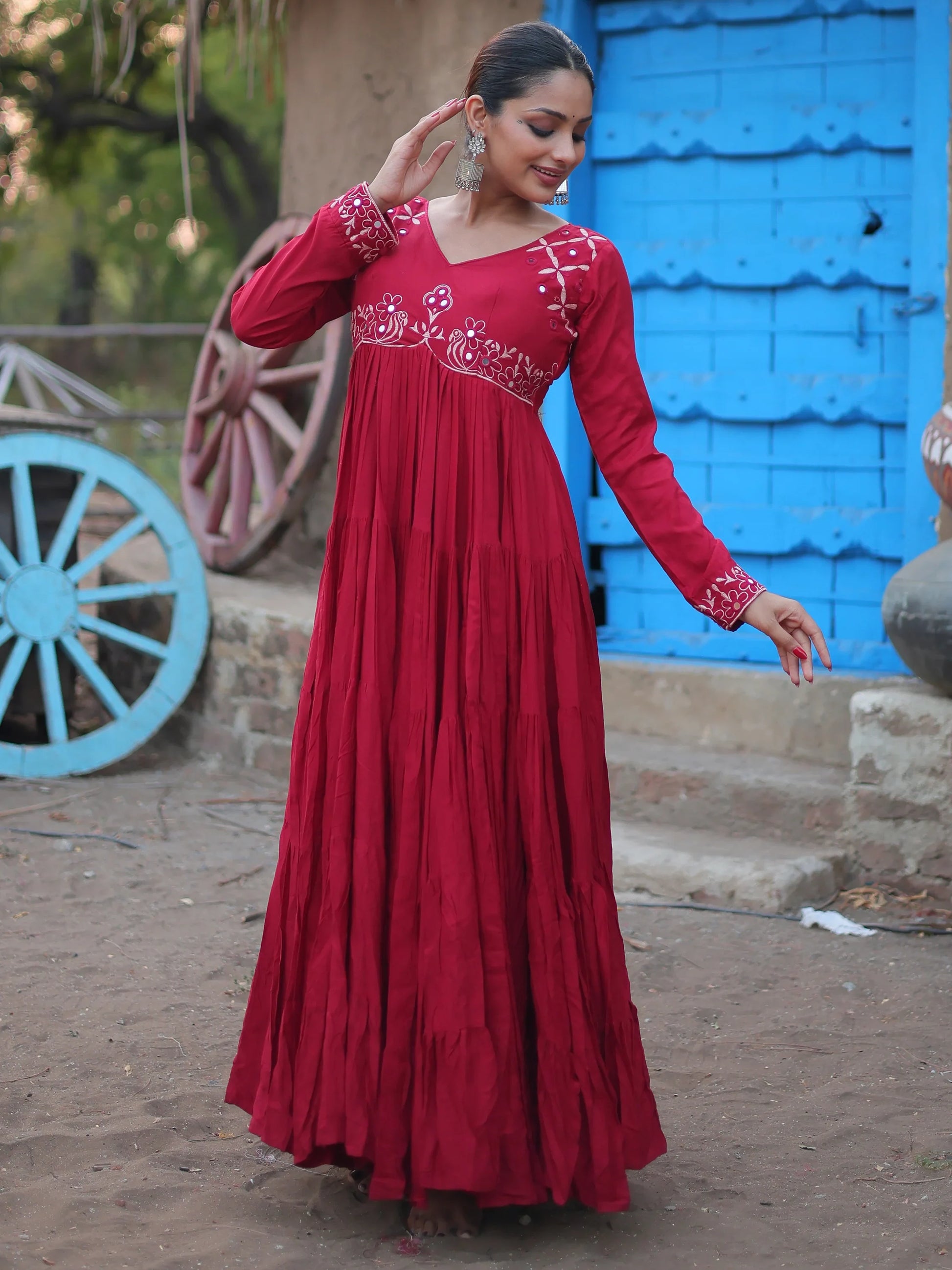 Astonishing Maroon Embroidered Rayon Navratri Wear Gown - Zeel Clothing