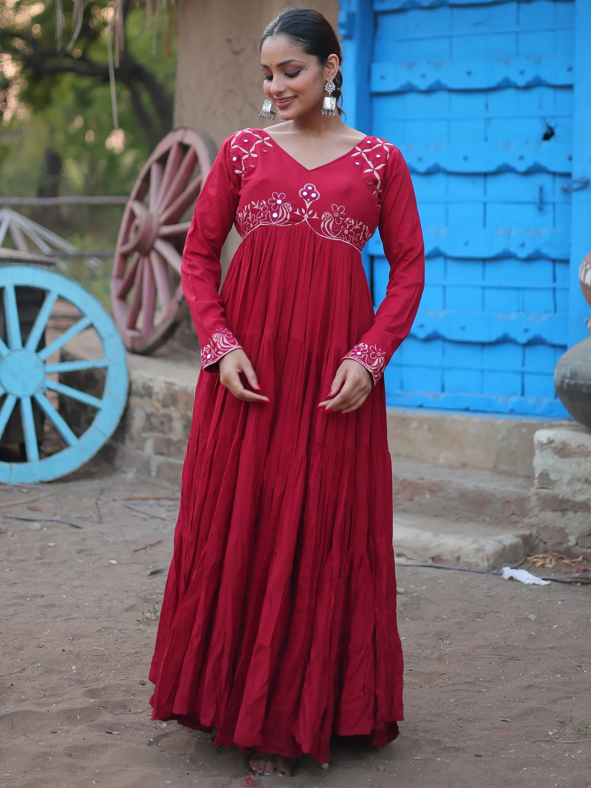 Astonishing Maroon Embroidered Rayon Navratri Wear Gown - Zeel Clothing
