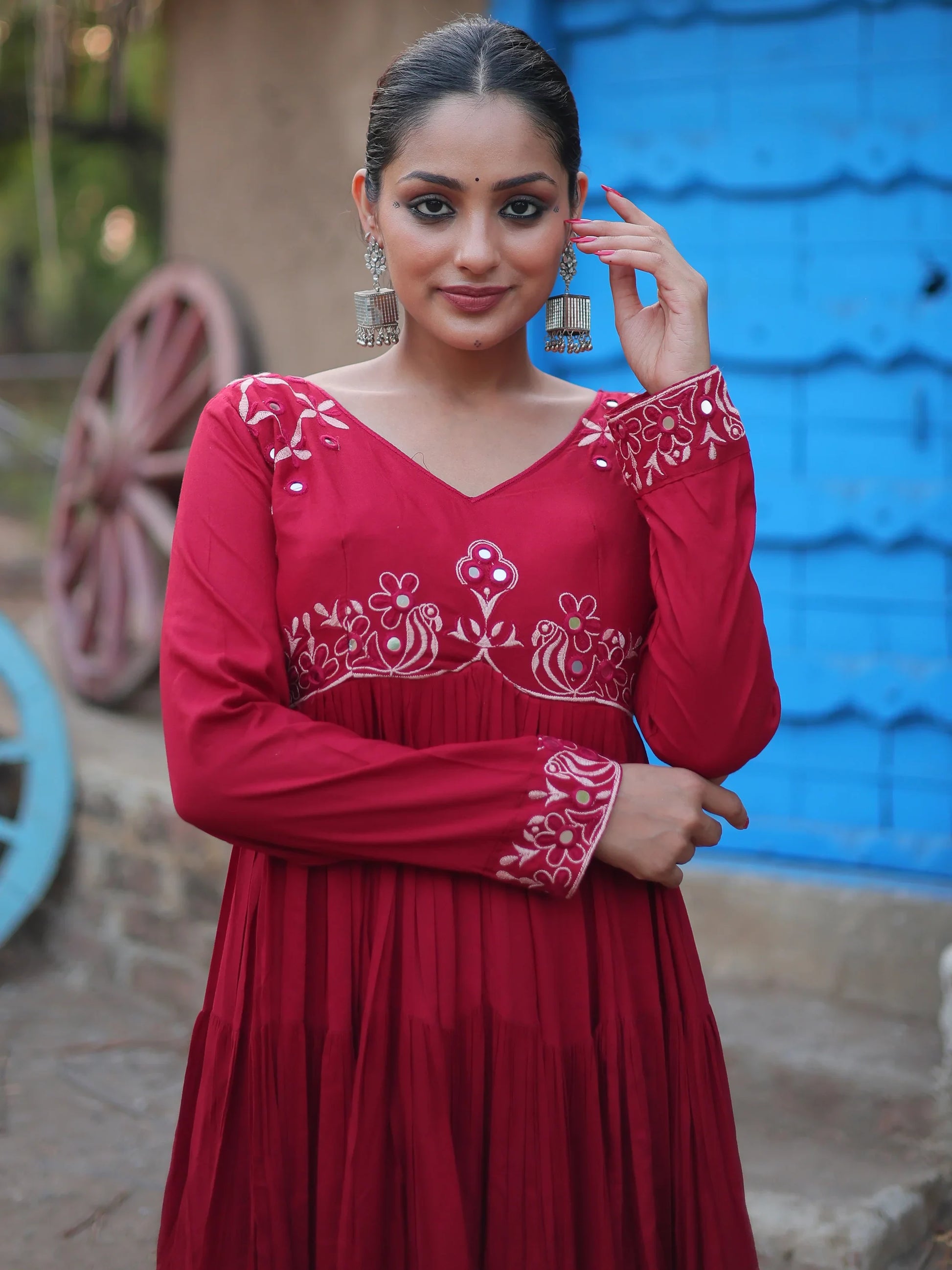 Astonishing Maroon Embroidered Rayon Navratri Wear Gown - Zeel Clothing