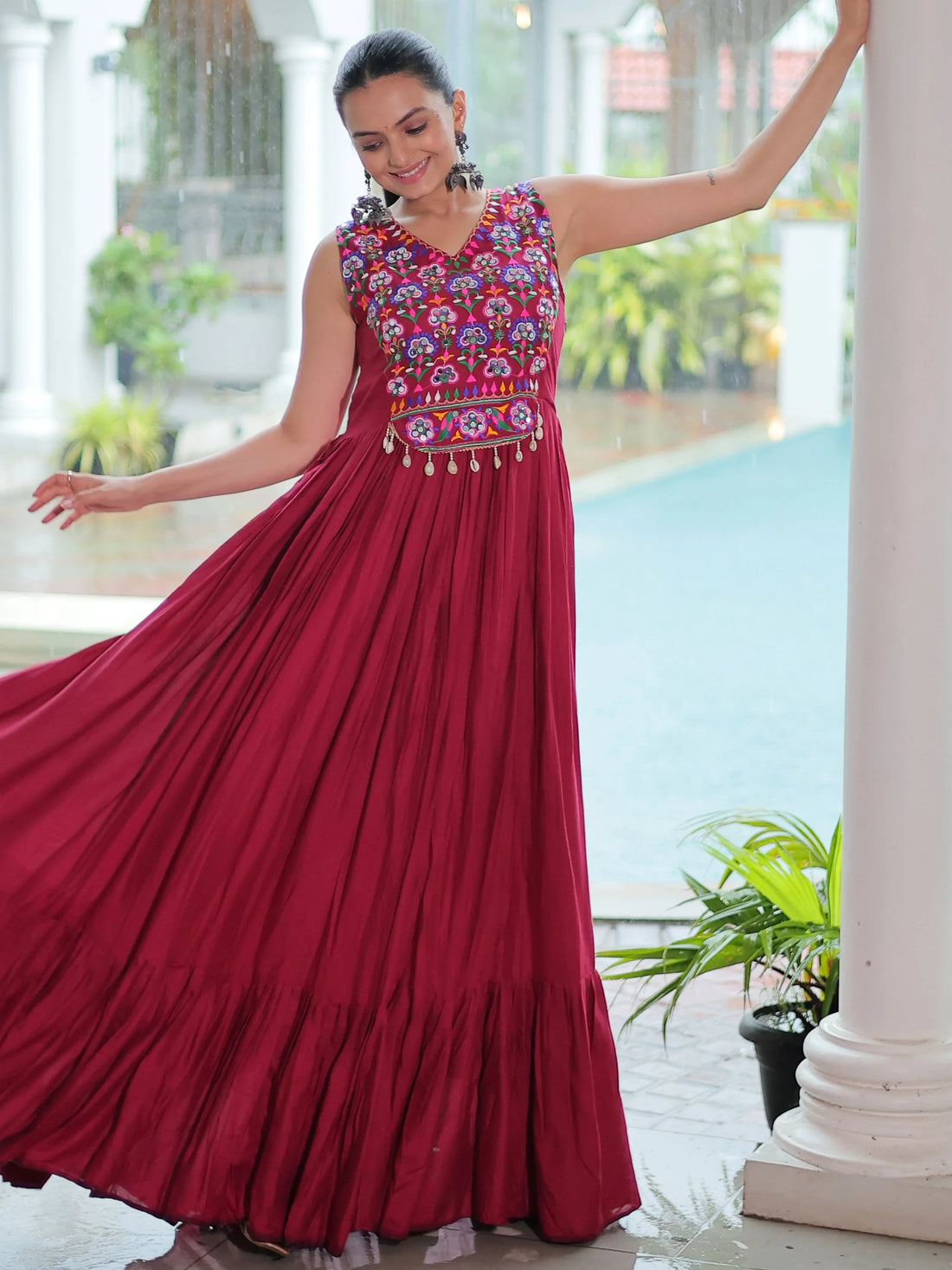 Astonishing Maroon Gamthi Work Rayon Navratri Special Gown - Zeel Clothing