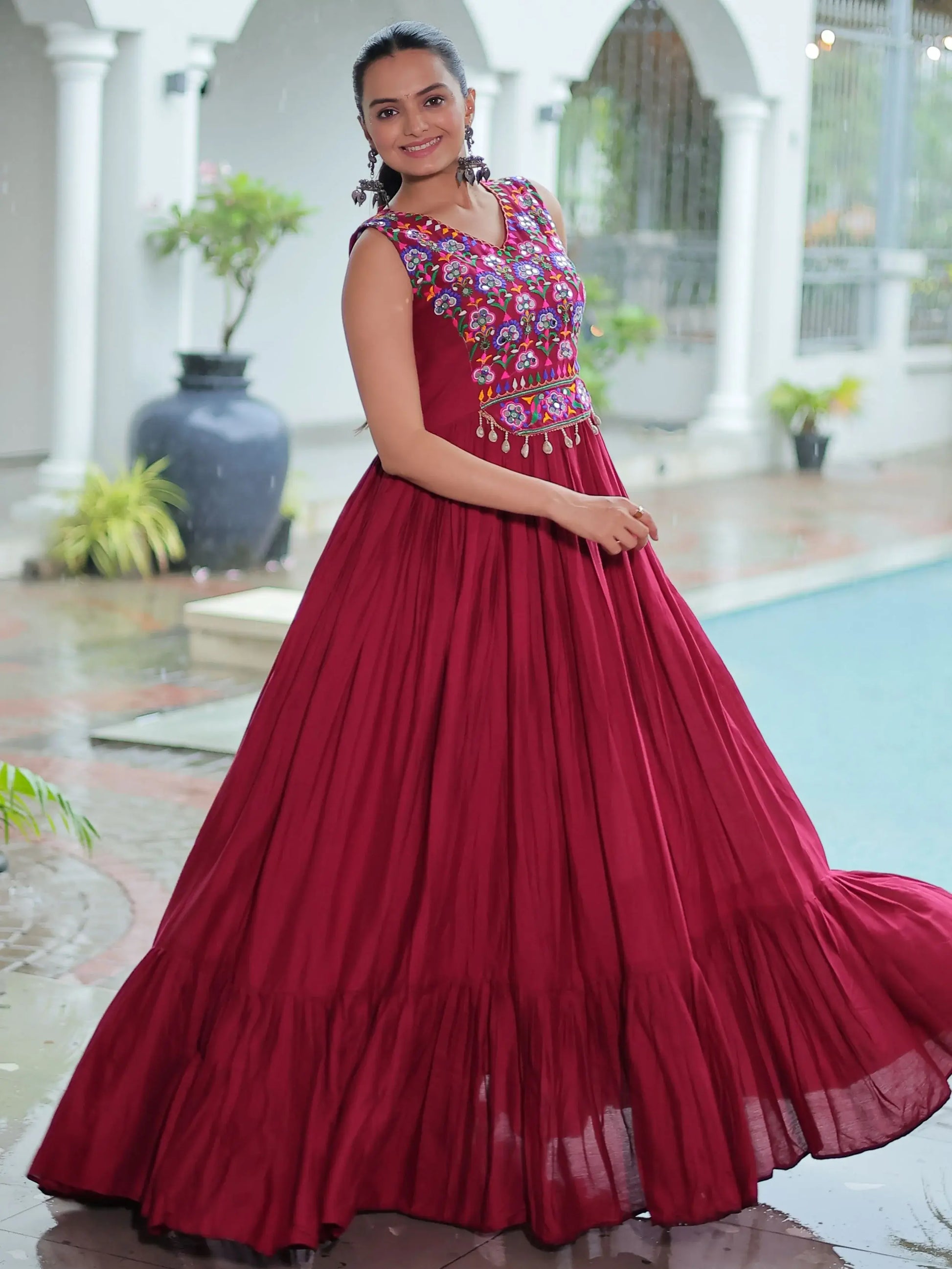 Astonishing Maroon Gamthi Work Rayon Navratri Special Gown - Zeel Clothing