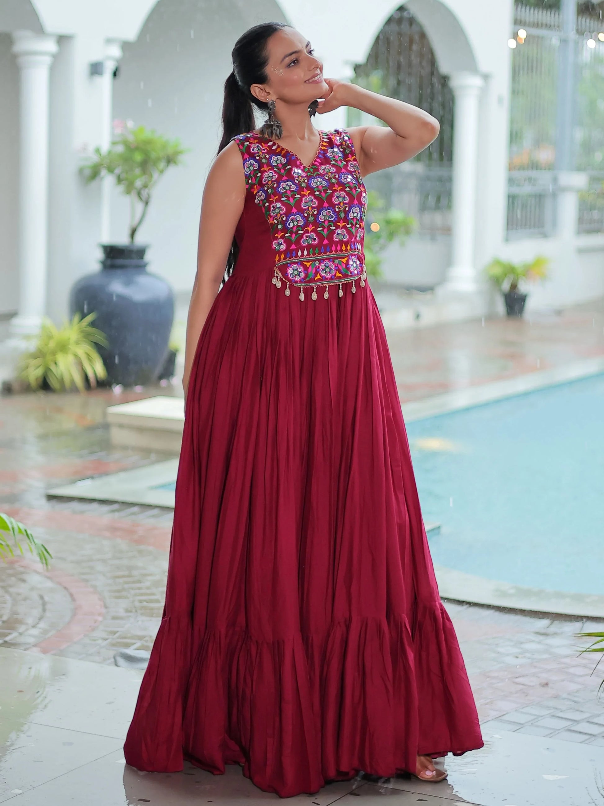 Astonishing Maroon Gamthi Work Rayon Navratri Special Gown - Zeel Clothing