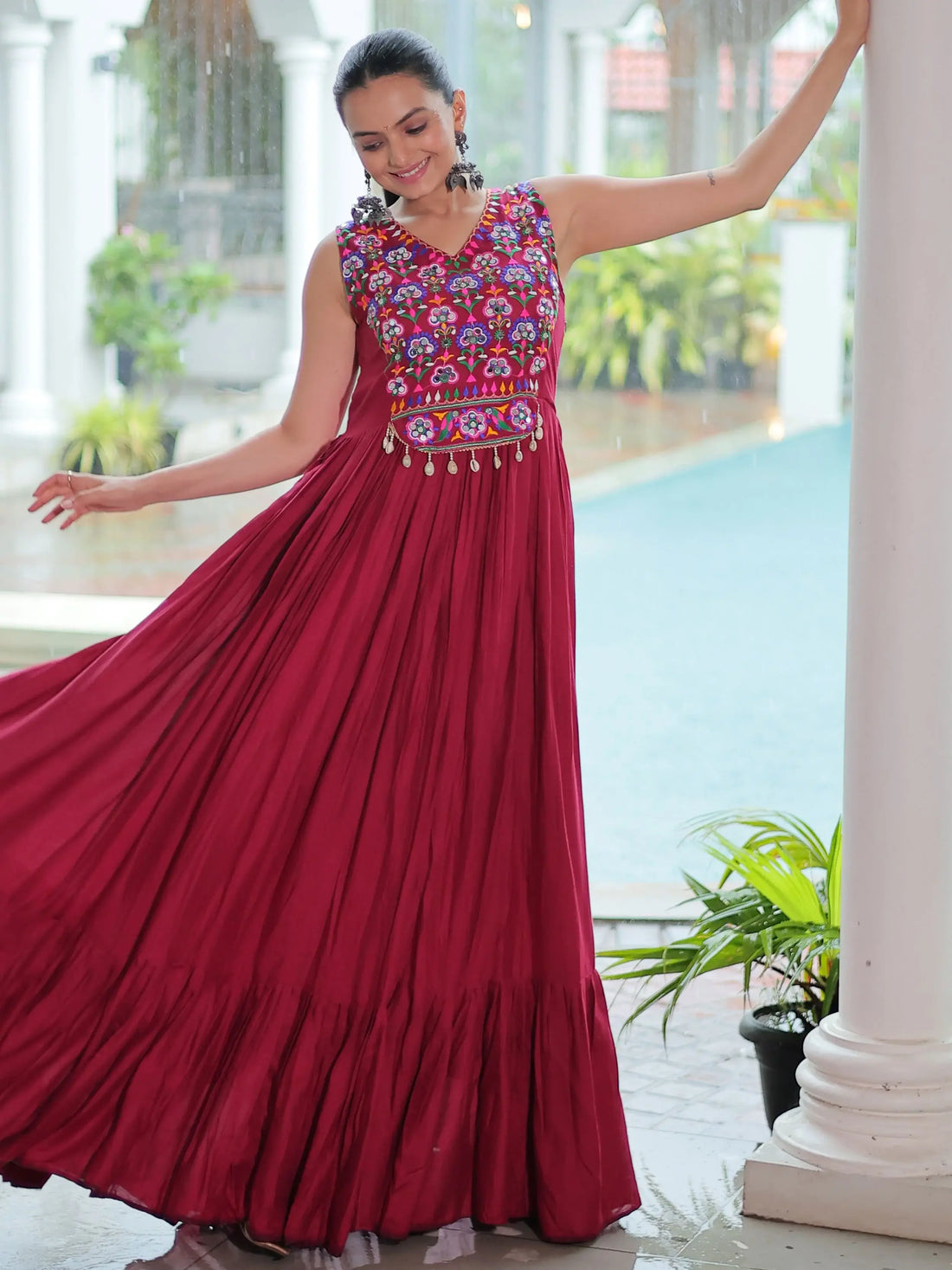 Astonishing Maroon Gamthi Work Rayon Navratri Special Gown - Zeel Clothing