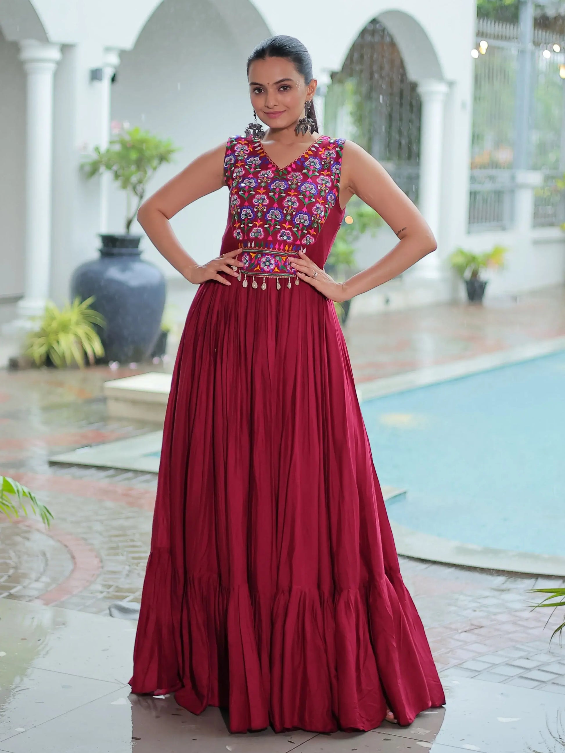Astonishing Maroon Gamthi Work Rayon Navratri Special Gown - Zeel Clothing