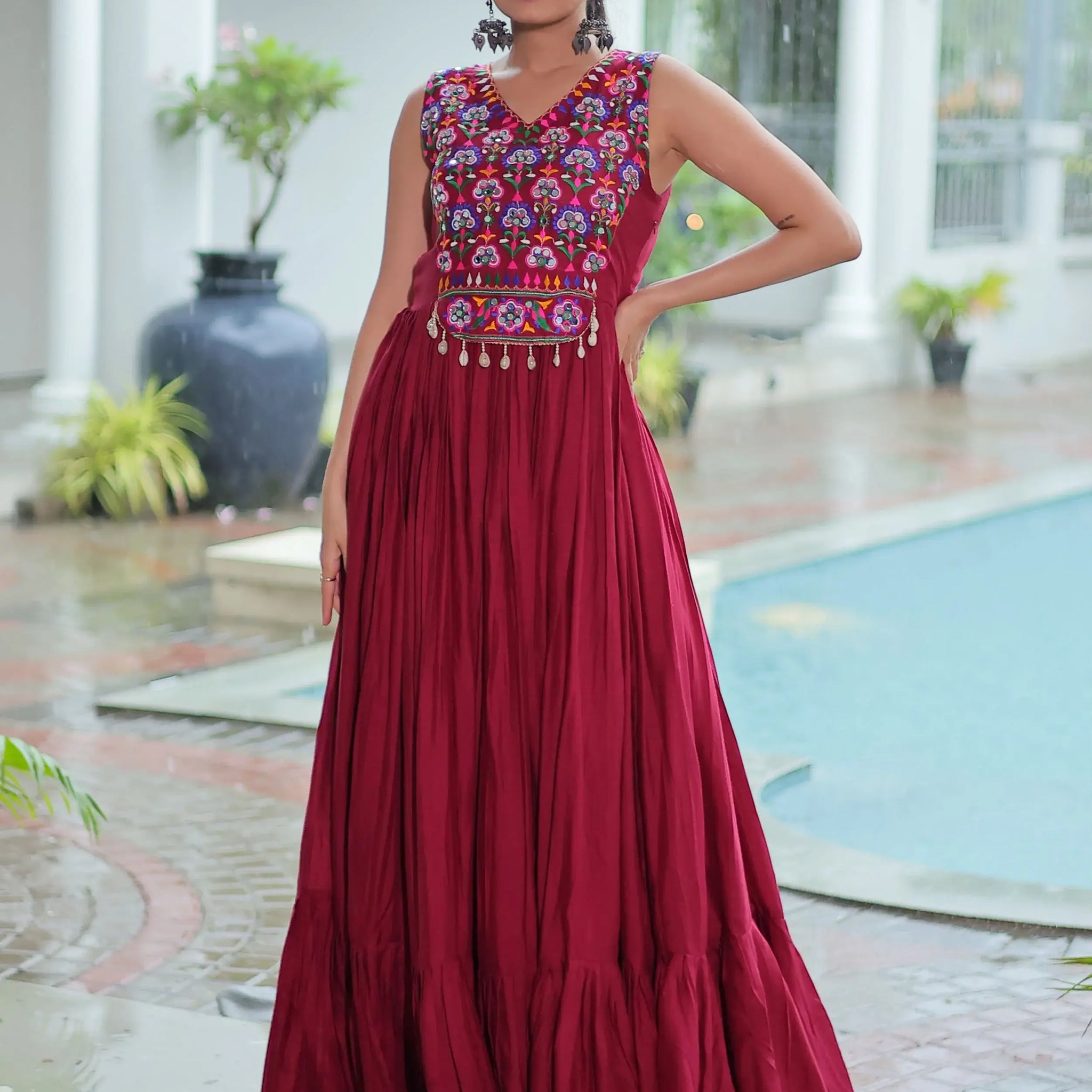 Astonishing Maroon Gamthi Work Rayon Navratri Special Gown - Zeel Clothing